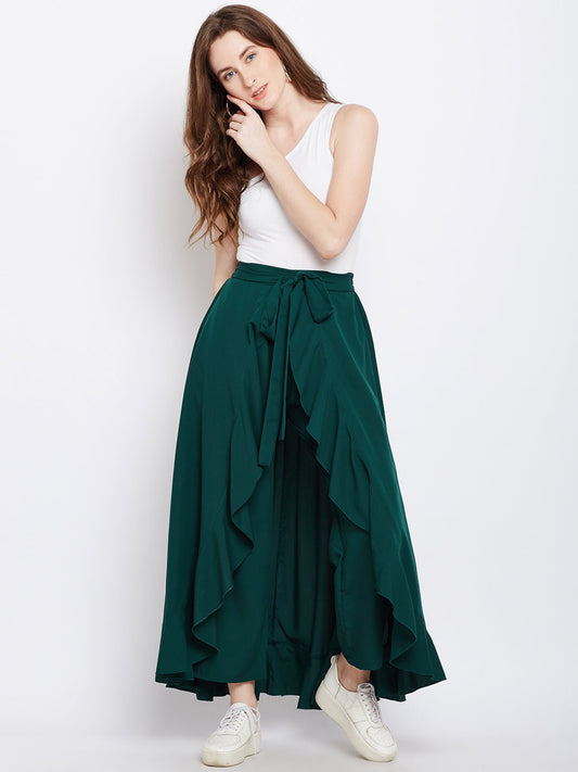 Folk Republic Women Solid Green Waist Tie-Up Ruffled Maxi Skirt with Attached Trousers - #folk republic#