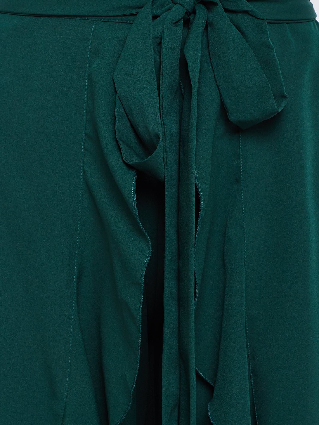 Folk Republic Women Solid Green Waist Tie-Up Ruffled Maxi Skirt with Attached Trousers - #folk republic#