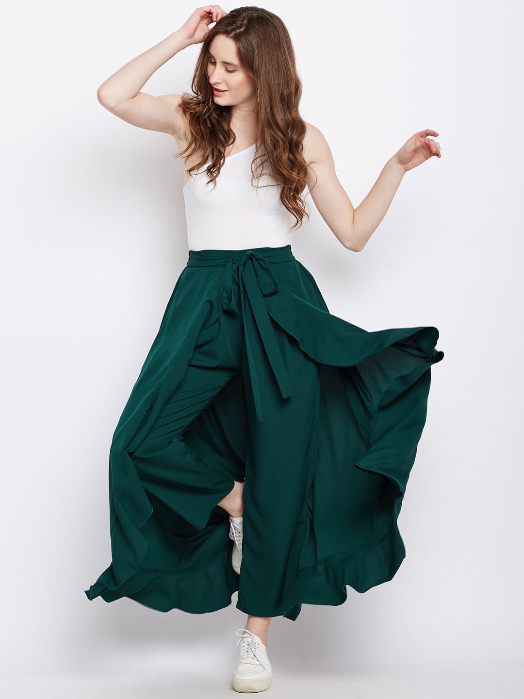 Folk Republic Women Solid Green Waist Tie-Up Ruffled Maxi Skirt with Attached Trousers - #folk republic#