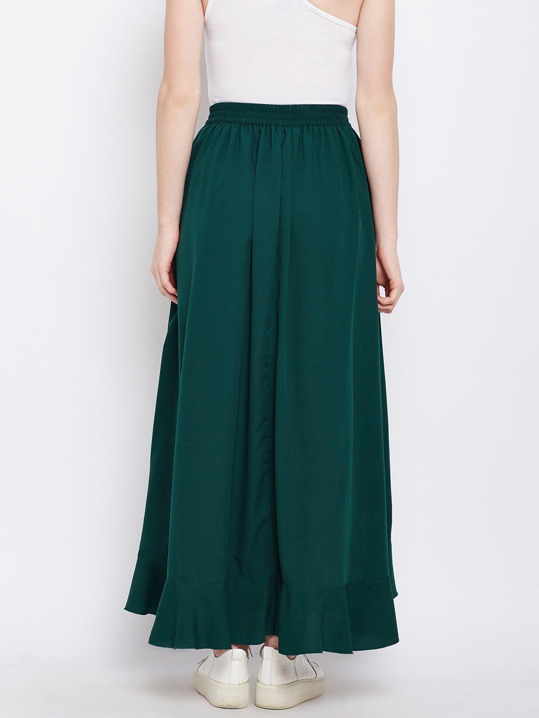 Folk Republic Women Solid Green Waist Tie-Up Ruffled Maxi Skirt with Attached Trousers - #folk republic#