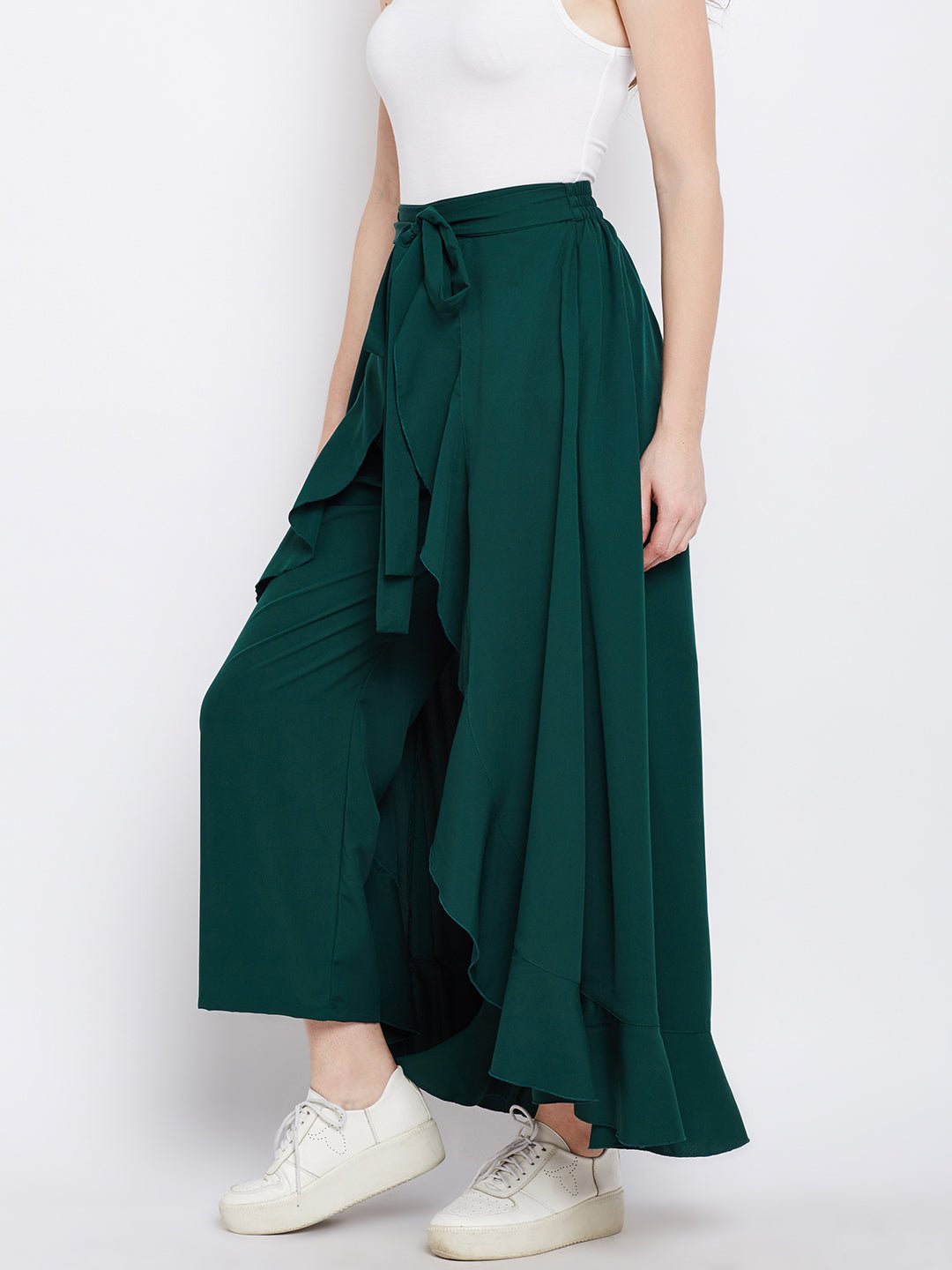 Folk Republic Women Solid Green Waist Tie-Up Ruffled Maxi Skirt with Attached Trousers - #folk republic#