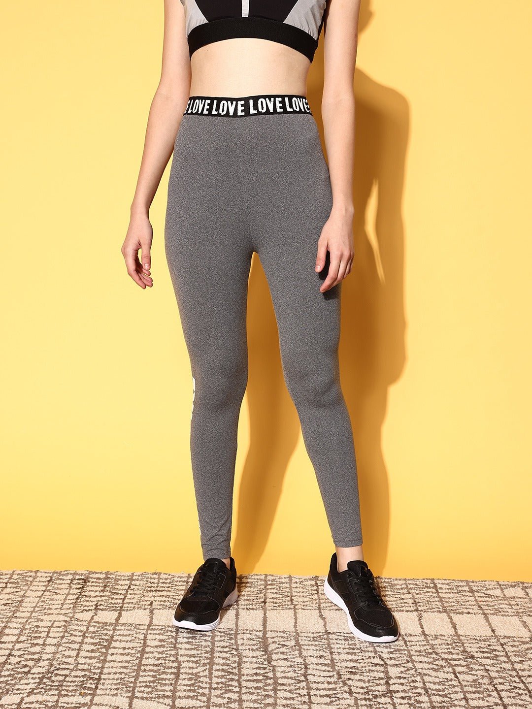 Folk Republic Women Solid Grey High-Rise Love Printed Elastic Waistband Slip-On Regular Sports Tights - #folk republic#
