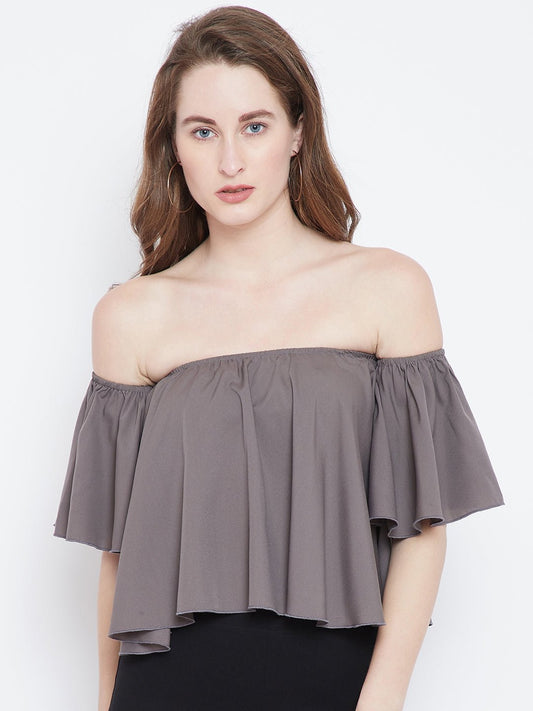Folk Republic Women Solid Grey Off-Shoulder Neck Ruffled Crop Bardot Top - #folk republic#