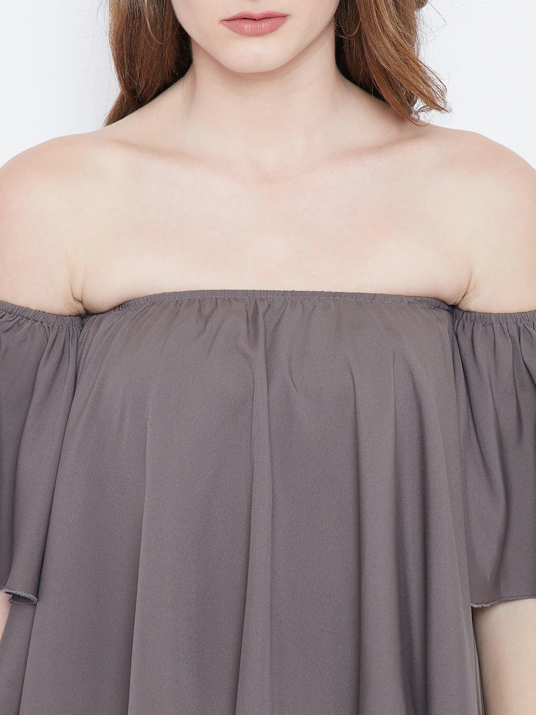 Folk Republic Women Solid Grey Off-Shoulder Neck Ruffled Crop Bardot Top - #folk republic#