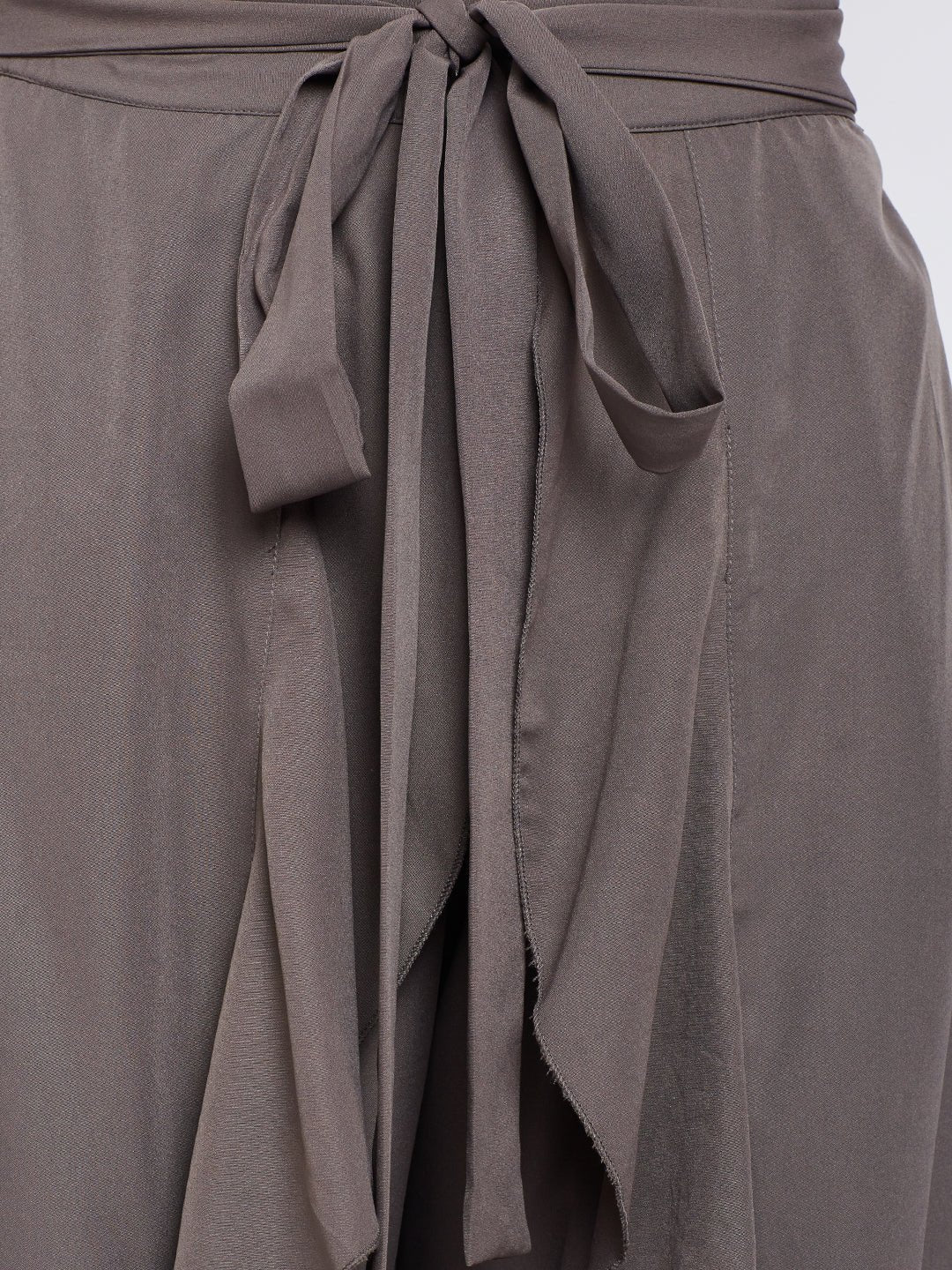 Folk Republic Women Solid Grey Waist Tie-Up Ruffled Maxi Skirt with Attached Trousers - #folk republic#