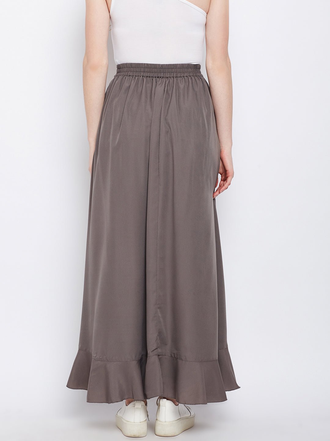Folk Republic Women Solid Grey Waist Tie-Up Ruffled Maxi Skirt with Attached Trousers - #folk republic#
