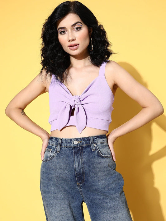 Folk Republic Women Solid Lavender Tie-Up Neck Front Cutout Sleeveless Crepe Knitted Crop Bralette Top - #folk republic#