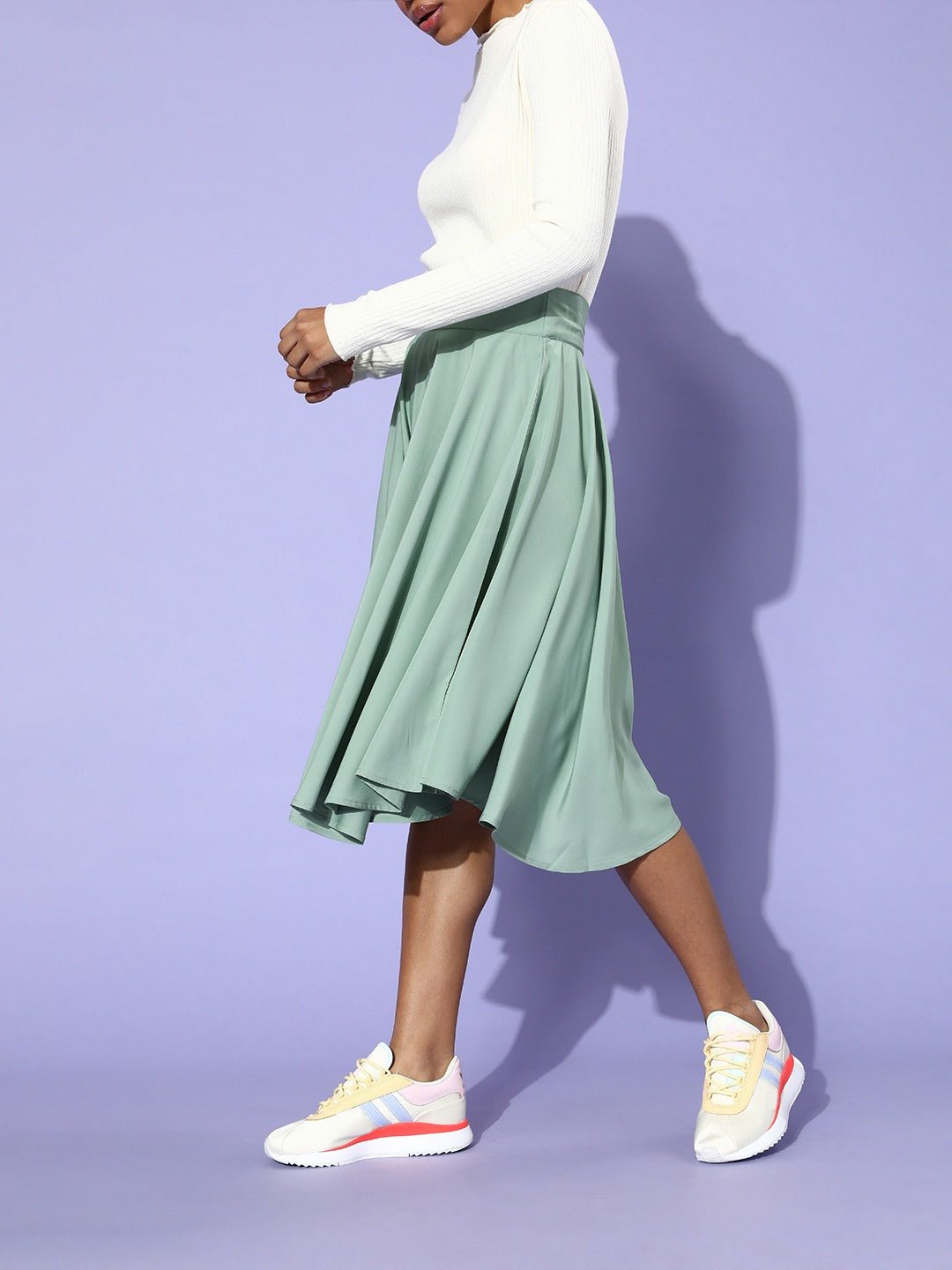 Folk Republic Women Solid Light Green Flared A-Line Midi Skirt - #folk republic#