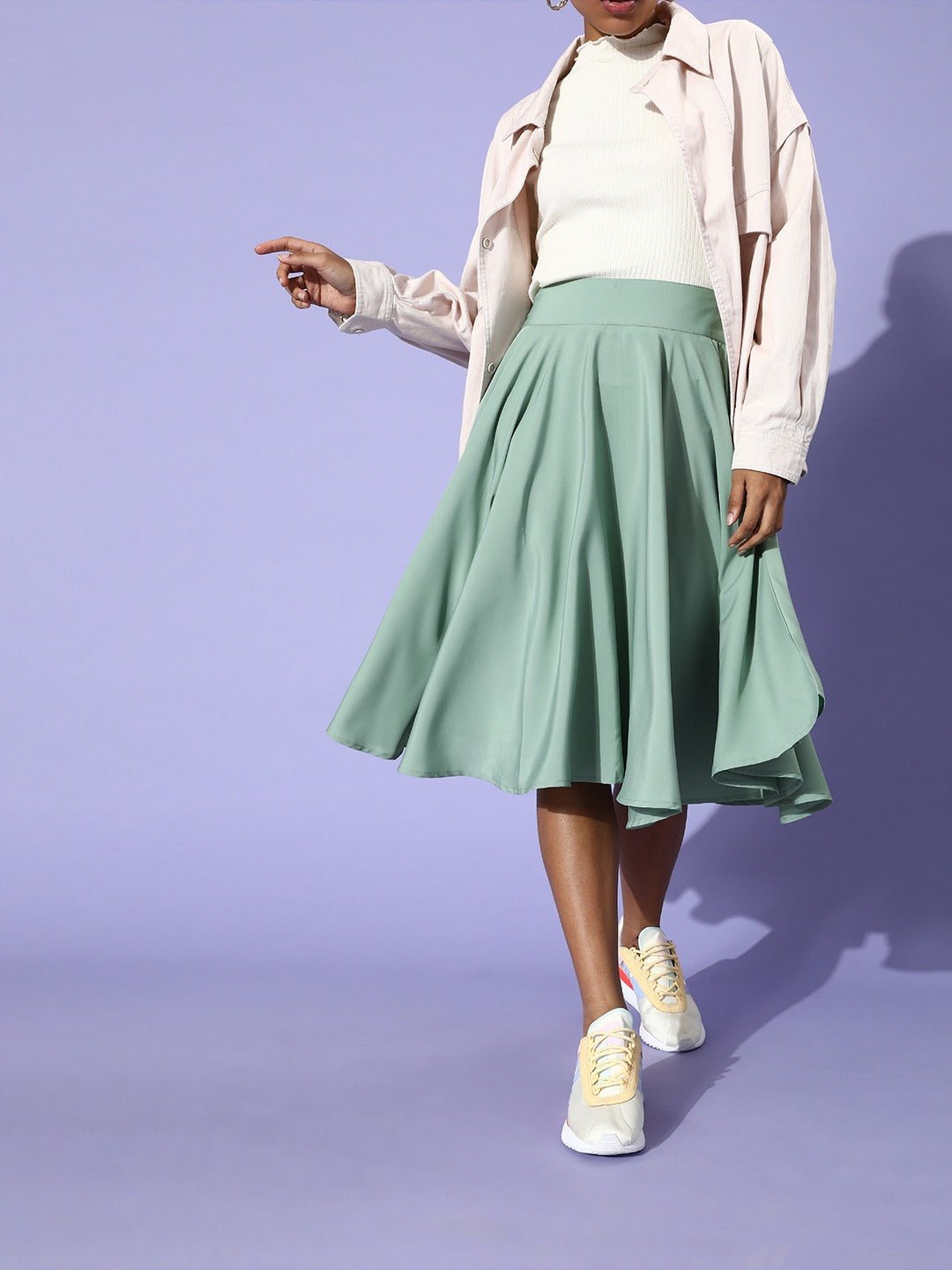 Folk Republic Women Solid Light Green Flared A-Line Midi Skirt - #folk republic#