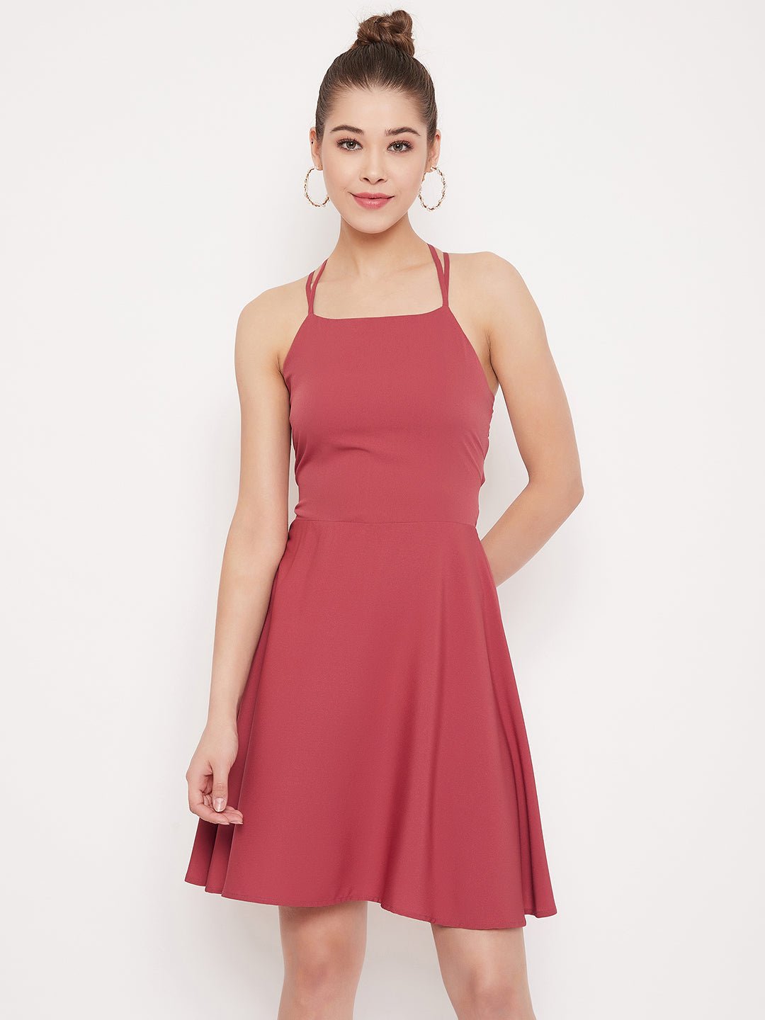 Folk Republic Women Solid Light Pink Caged Back Fit & Flare Mini Dress - #folk republic#