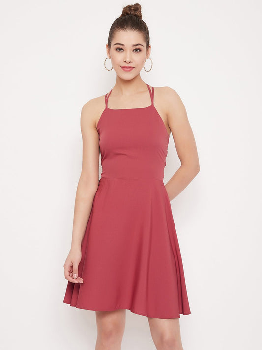 Folk Republic Women Solid Light Pink Caged Back Fit & Flare Mini Dress - #folk republic#