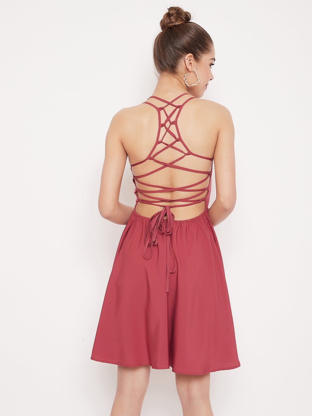 Folk Republic Women Solid Light Pink Caged Back Fit & Flare Mini Dress - #folk republic#