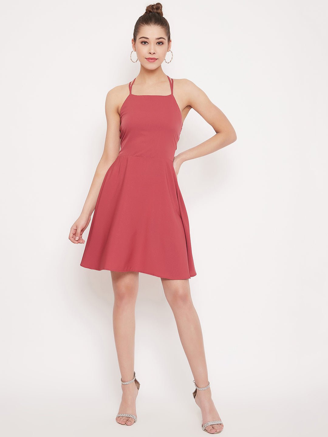 Folk Republic Women Solid Light Pink Caged Back Fit & Flare Mini Dress - #folk republic#