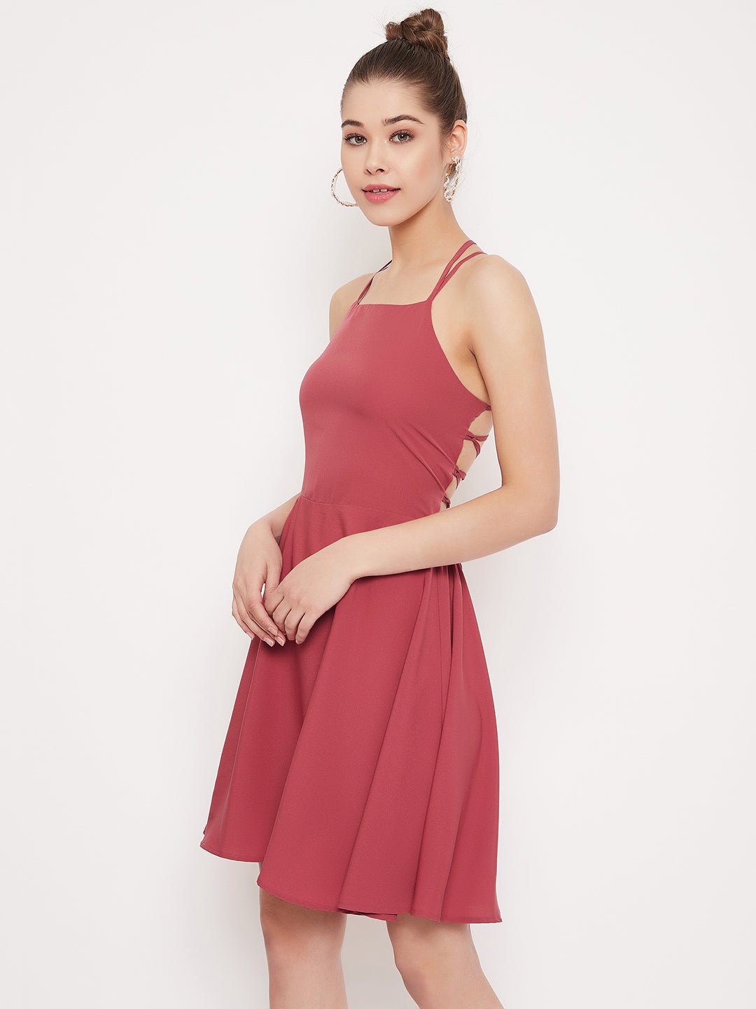 Folk Republic Women Solid Light Pink Caged Back Fit & Flare Mini Dress - #folk republic#