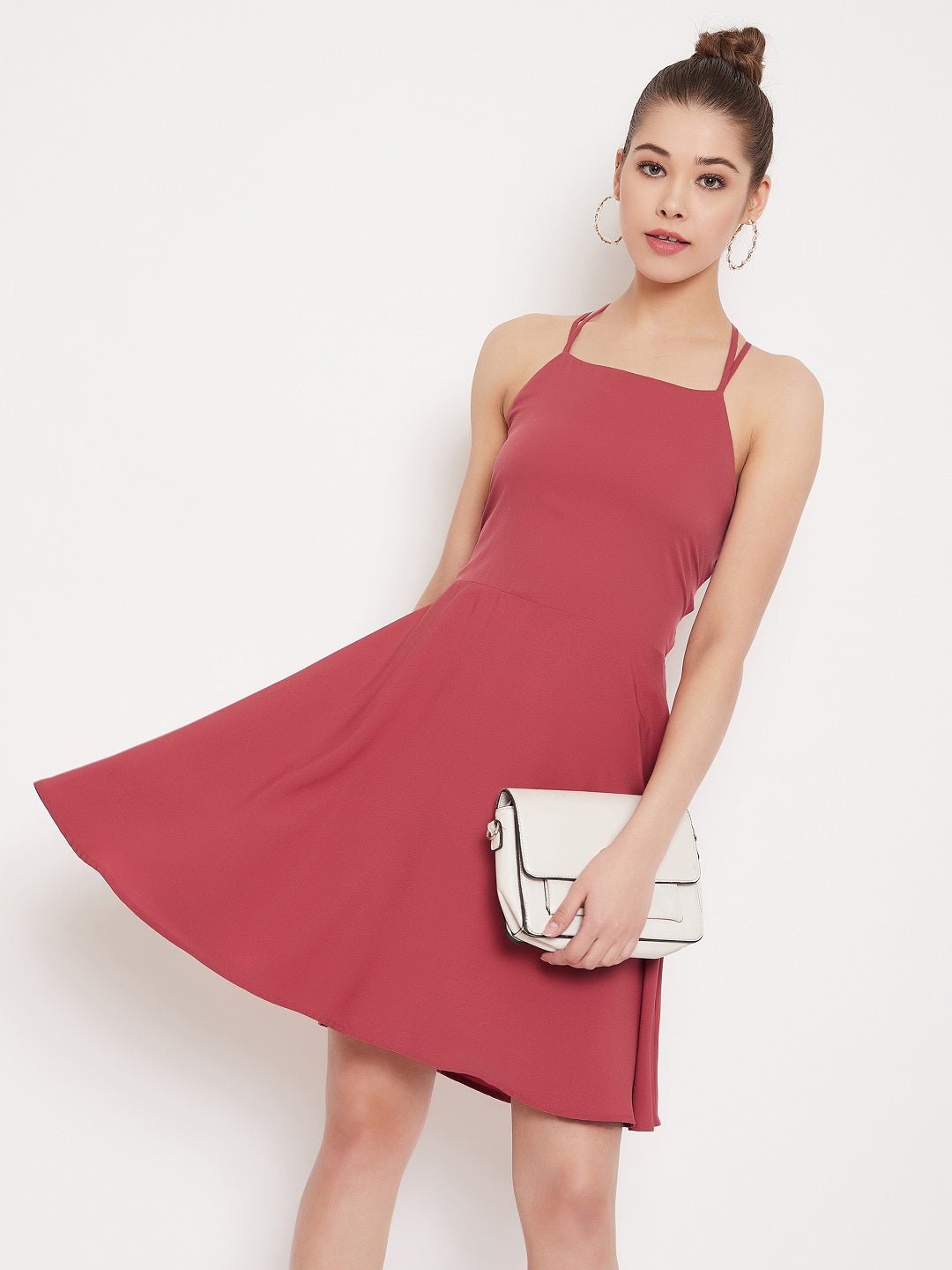 Folk Republic Women Solid Light Pink Caged Back Fit & Flare Mini Dress - #folk republic#
