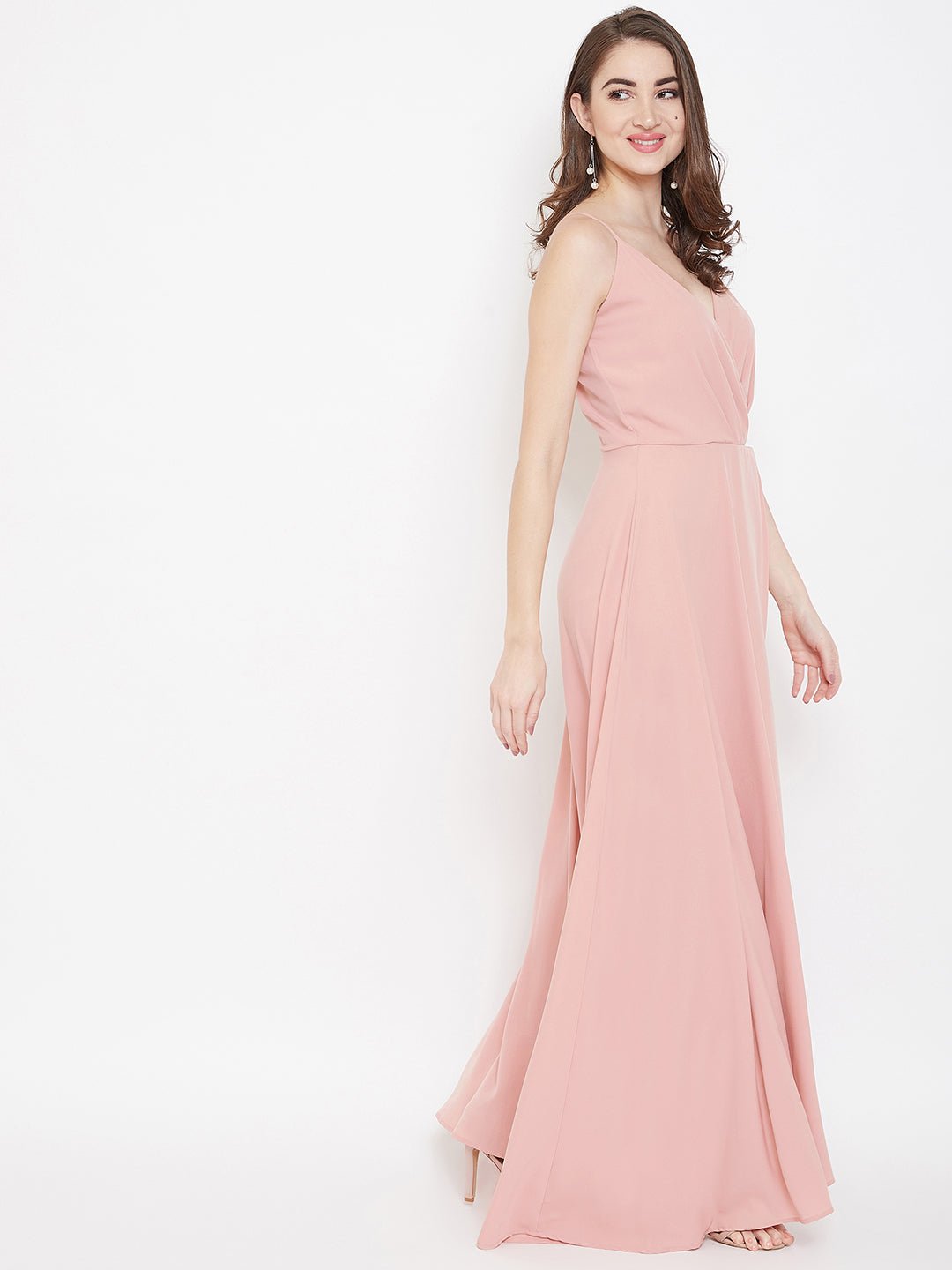Folk Republic Women Solid Light Pink V-Neck Sleeveless Crepe Thigh-High Slit A-Line Maxi Dress - #folk republic#