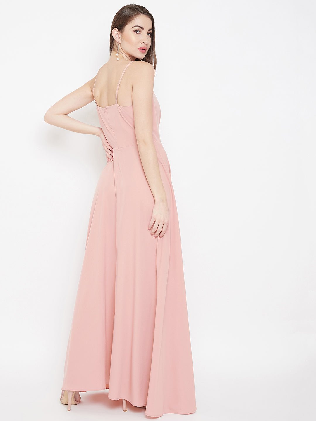 Folk Republic Women Solid Light Pink V-Neck Sleeveless Crepe Thigh-High Slit A-Line Maxi Dress - #folk republic#
