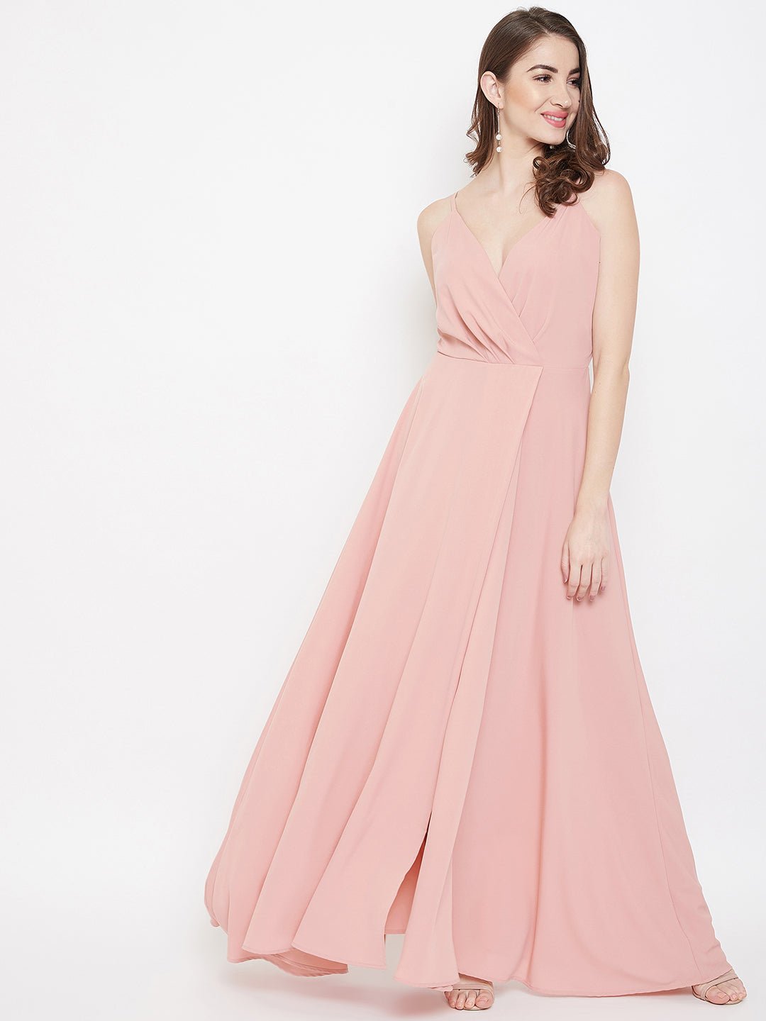 Folk Republic Women Solid Light Pink V-Neck Sleeveless Crepe Thigh-High Slit A-Line Maxi Dress - #folk republic#