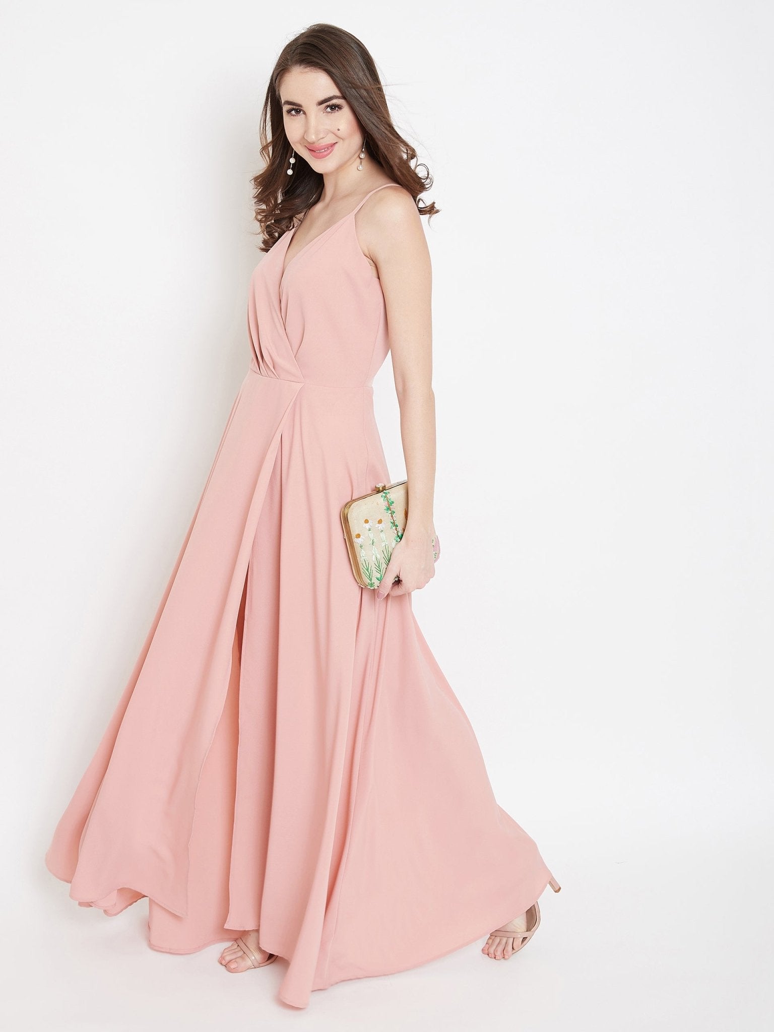 Folk Republic Women Solid Light Pink V-Neck Sleeveless Crepe Thigh-High Slit A-Line Maxi Dress - #folk republic#