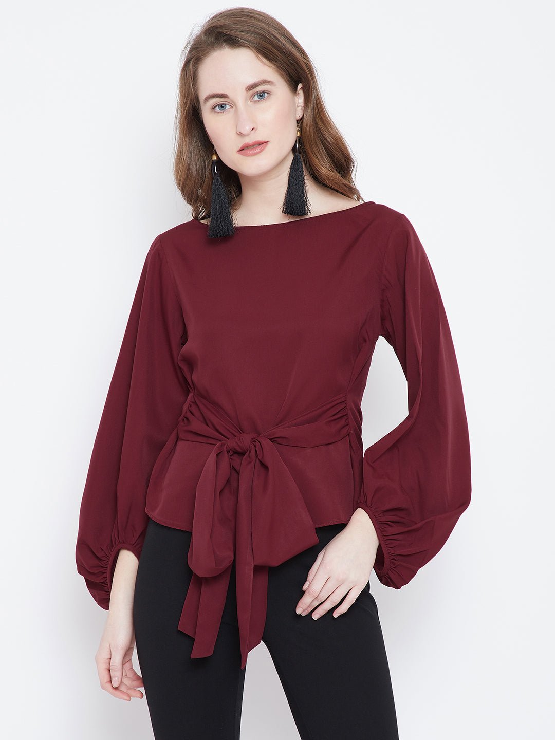 Folk Republic Women Solid Maroon Boat Neck Waist Tie-Up A-Line Regular Top - #folk republic#