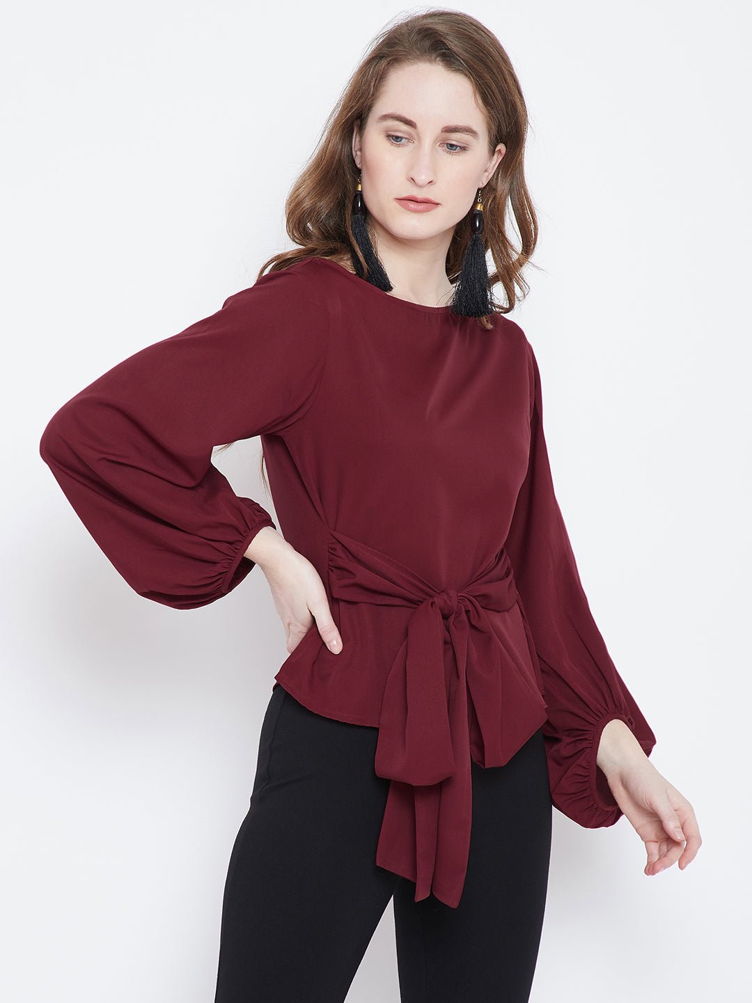 Folk Republic Women Solid Maroon Boat Neck Waist Tie-Up A-Line Regular Top - #folk republic#