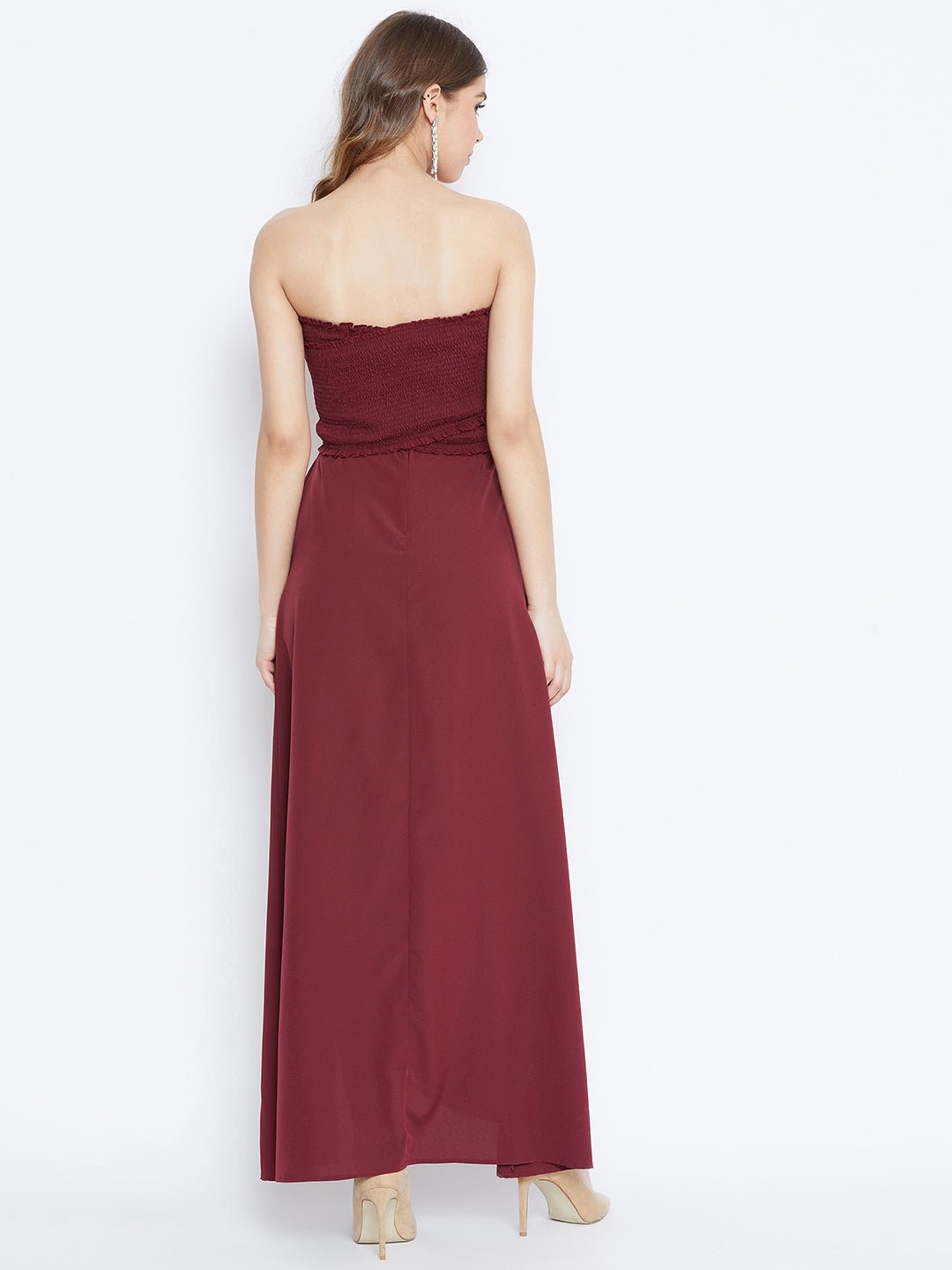 Folk Republic Women Solid Maroon Front Slit Smocked Maxi Dress - #folk republic#