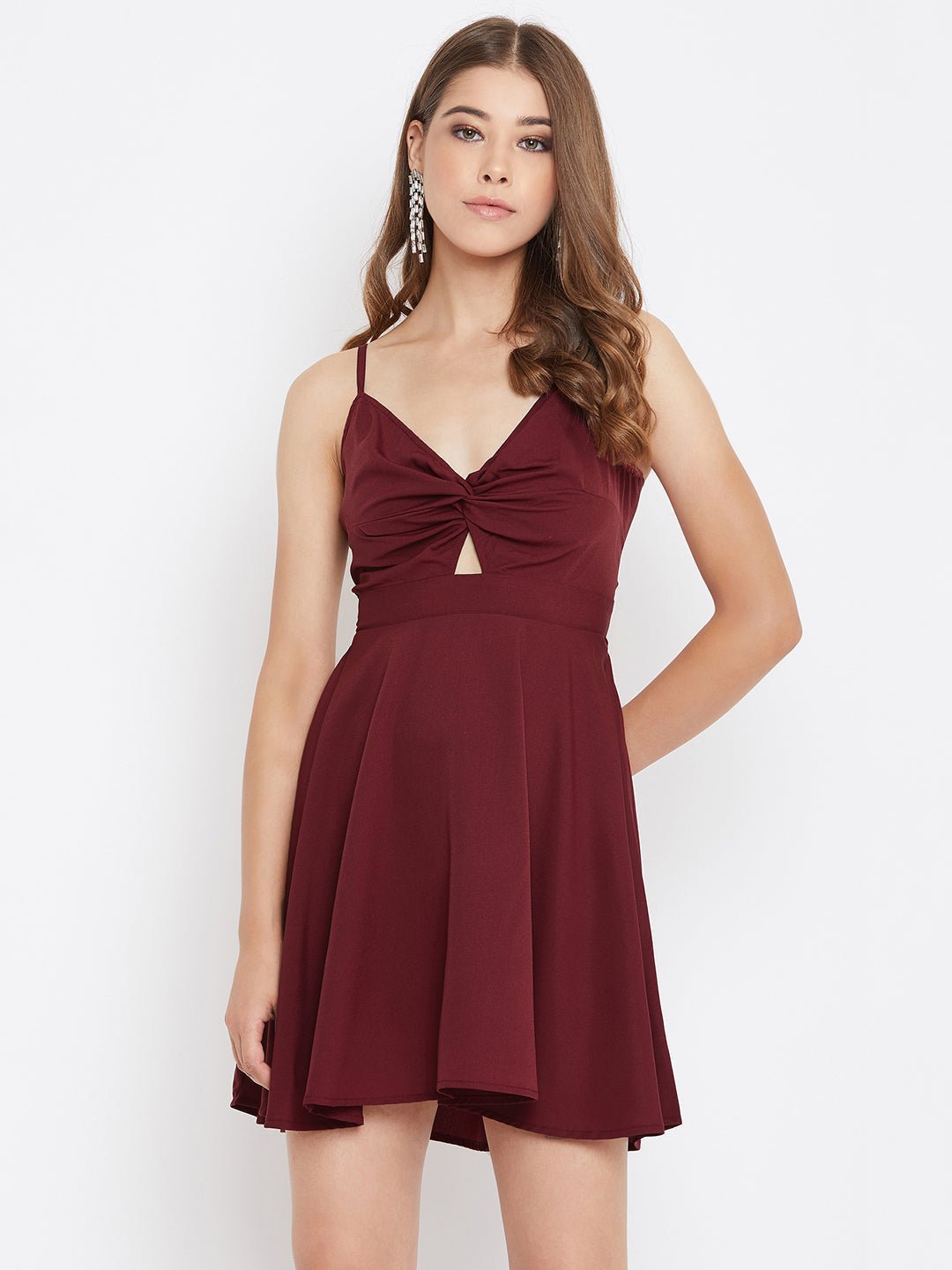 Folk Republic Women Solid Maroon Front Twisted Knot Fit & Flare Mini Dress - #folk republic#