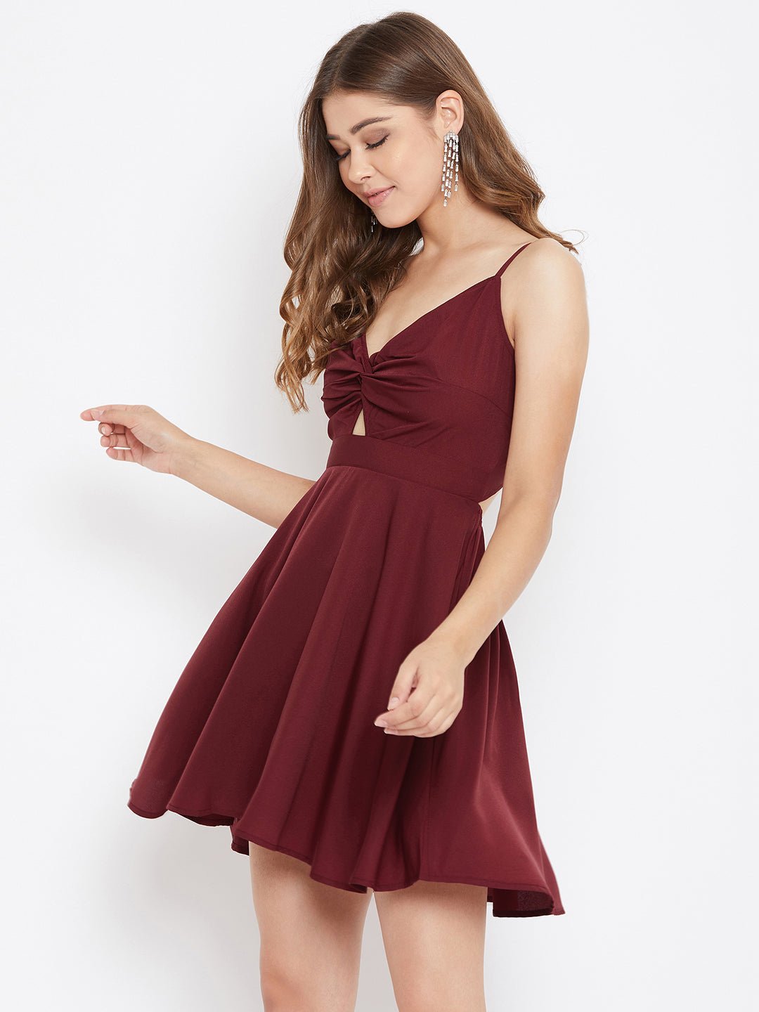 Folk Republic Women Solid Maroon Front Twisted Knot Fit & Flare Mini Dress - #folk republic#