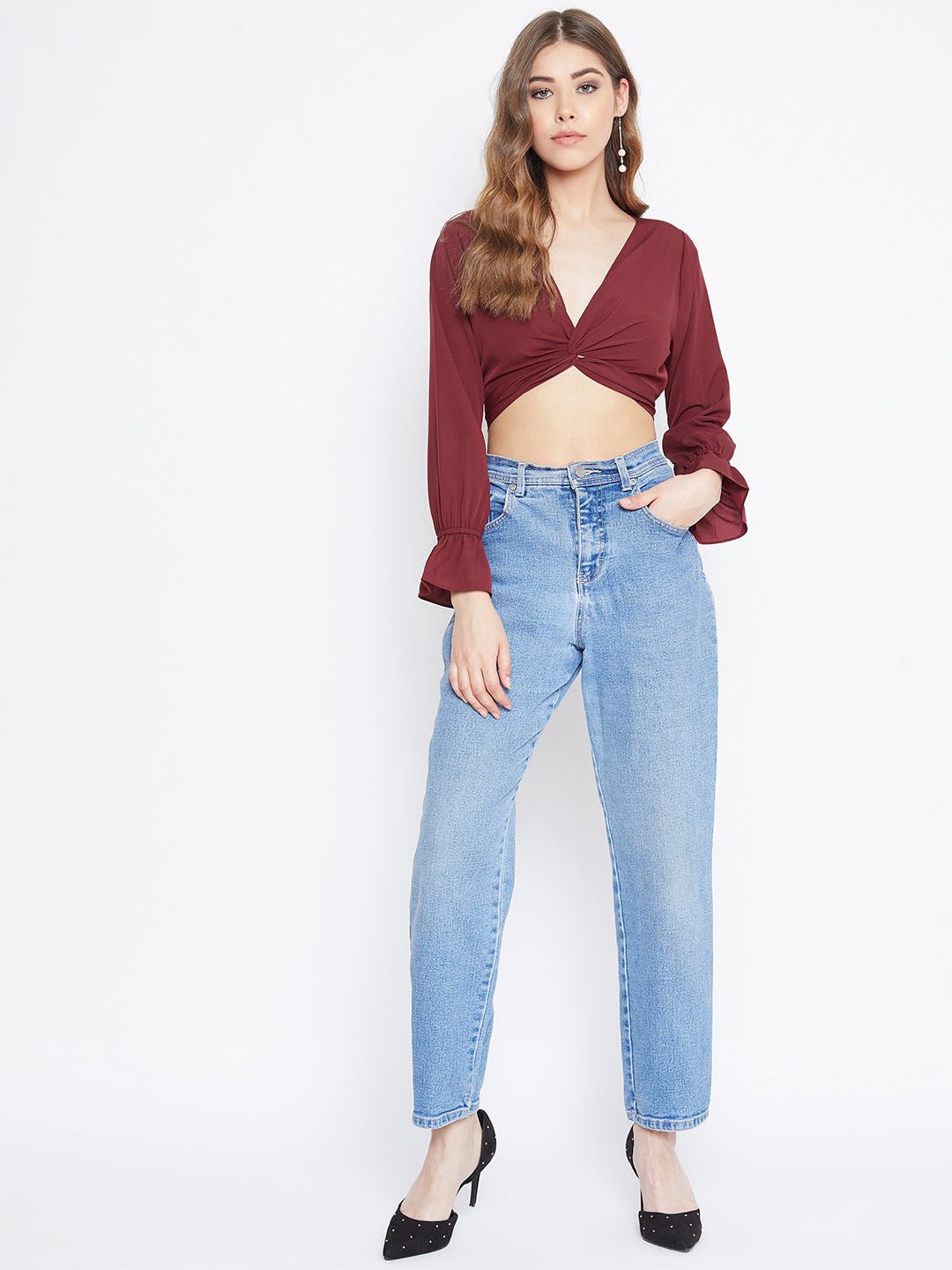 Folk Republic Women Solid Maroon Front Twisted Knot V-Neck Crop Top - #folk republic#