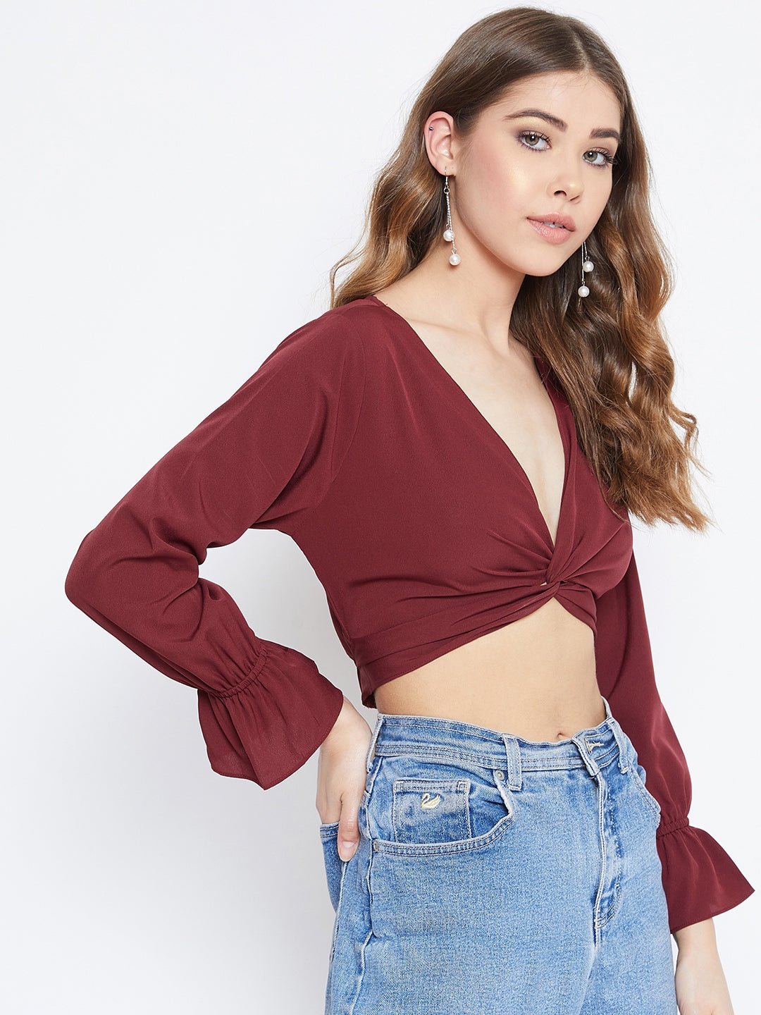 Folk Republic Women Solid Maroon Front Twisted Knot V-Neck Crop Top - #folk republic#