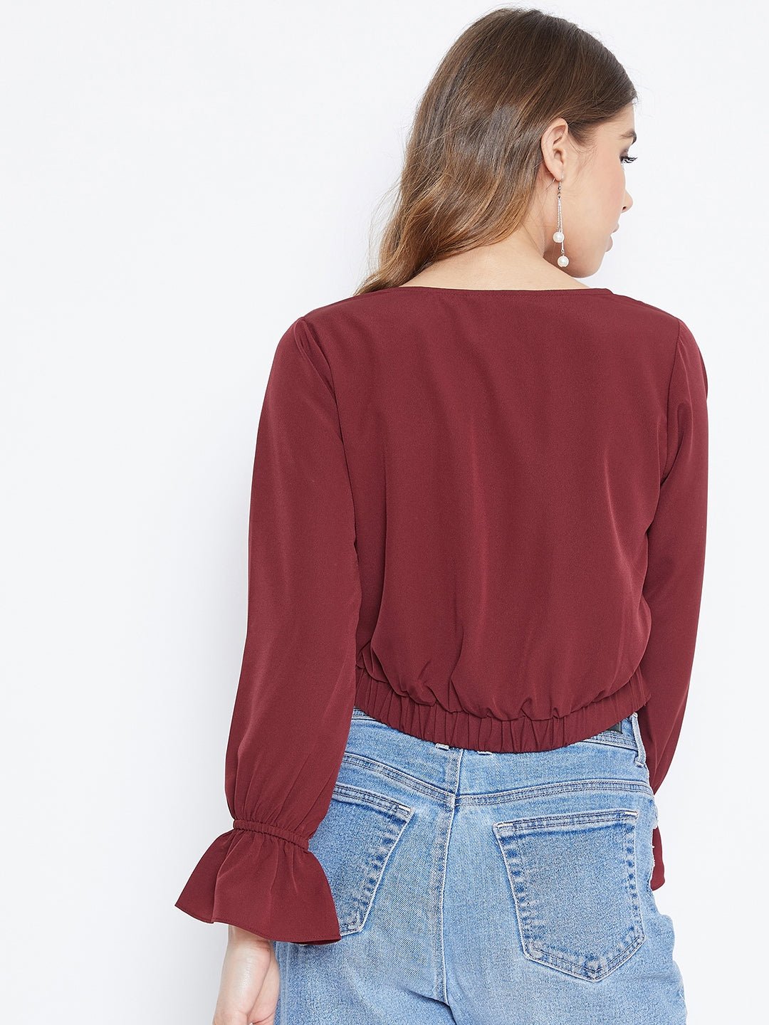 Folk Republic Women Solid Maroon Front Twisted Knot V-Neck Crop Top - #folk republic#