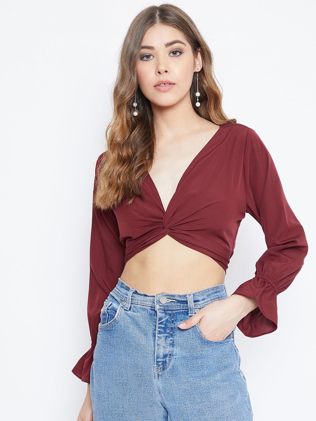 Folk Republic Women Solid Maroon Front Twisted Knot V-Neck Crop Top - #folk republic#