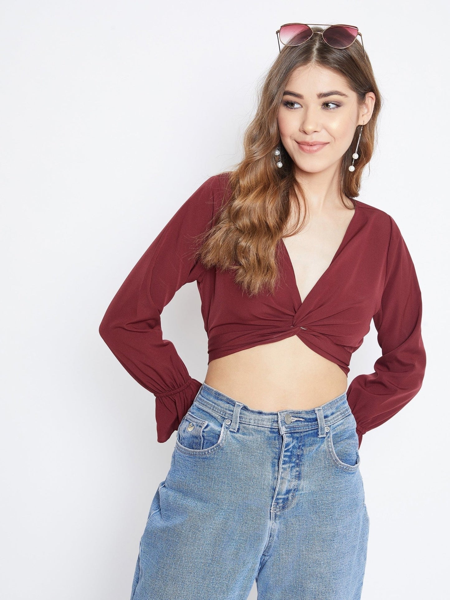 Folk Republic Women Solid Maroon Front Twisted Knot V-Neck Crop Top - #folk republic#