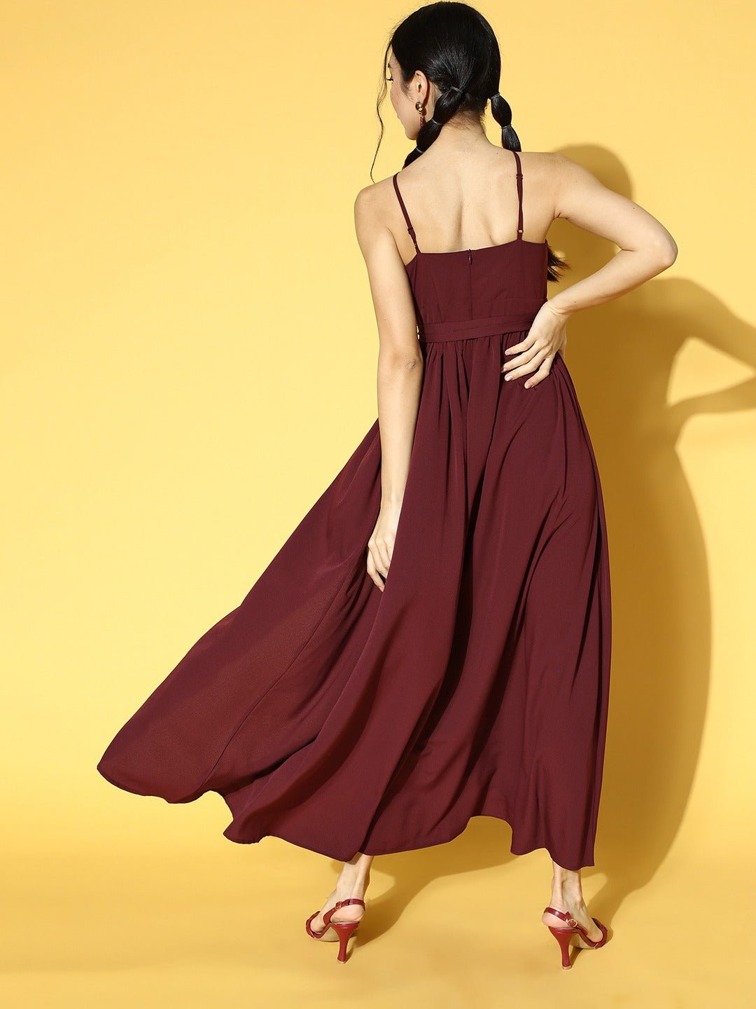 Folk Republic Women Solid Maroon Halter Nack Front Cutout Tie-Up Waist Asymmetrical Hem Slited Maxi Dress - #folk republic#