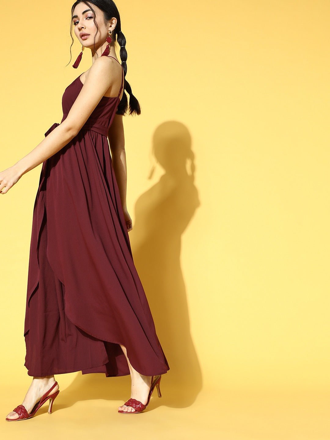 Folk Republic Women Solid Maroon Halter Nack Front Cutout Tie-Up Waist Asymmetrical Hem Slited Maxi Dress - #folk republic#