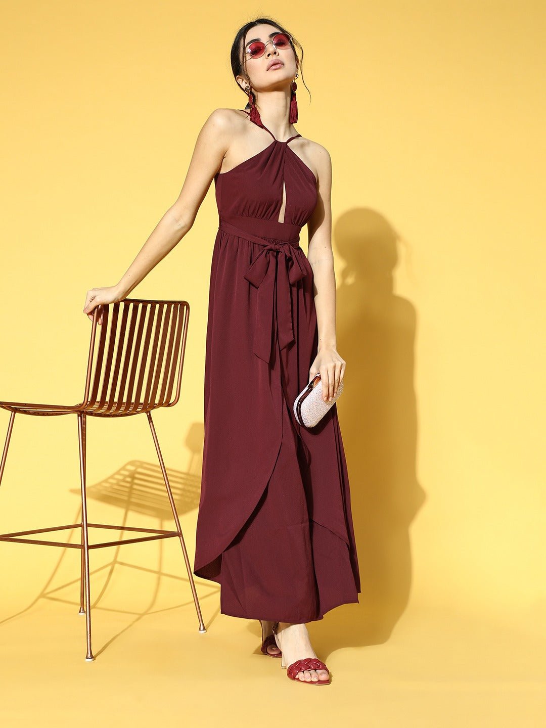 Folk Republic Women Solid Maroon Halter Nack Front Cutout Tie-Up Waist Asymmetrical Hem Slited Maxi Dress - #folk republic#