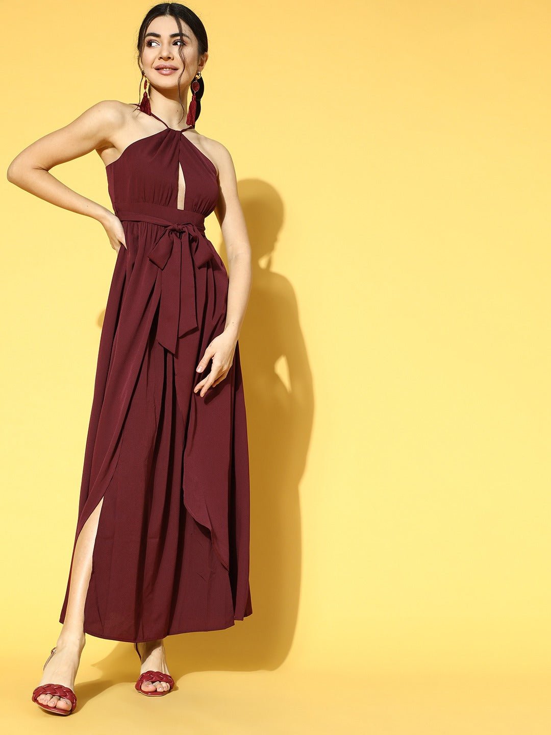 Folk Republic Women Solid Maroon Halter Nack Front Cutout Tie-Up Waist Asymmetrical Hem Slited Maxi Dress - #folk republic#