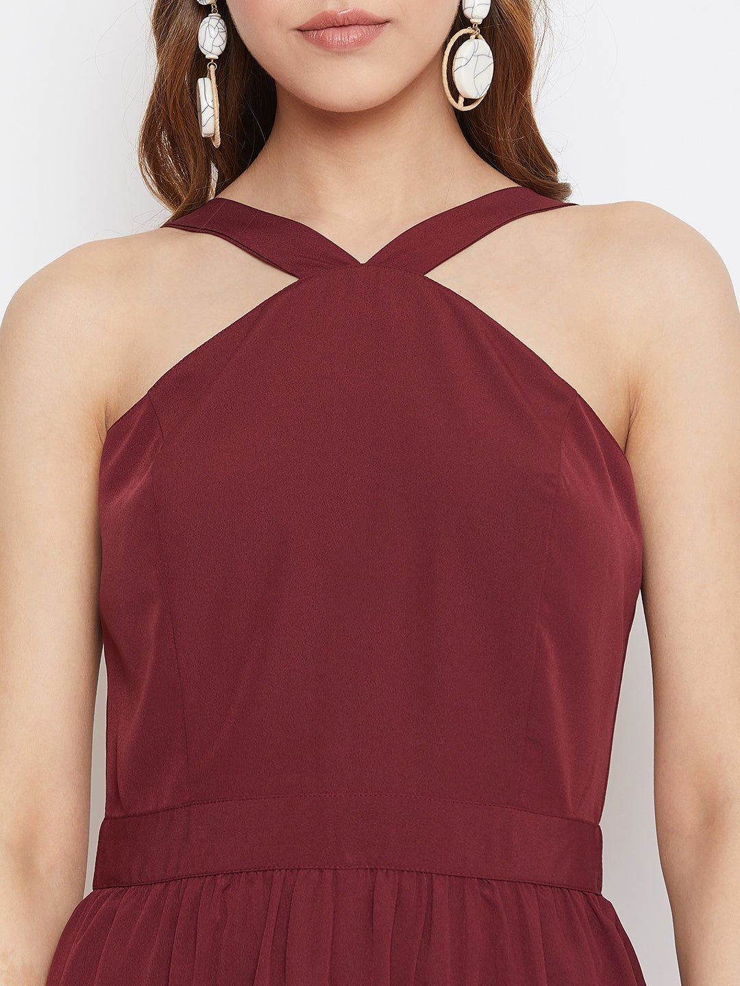 Folk Republic Women Solid Maroon Halter Neck Flared Maxi Dress - #folk republic#