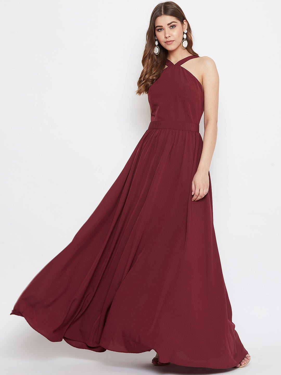 Folk Republic Women Solid Maroon Halter Neck Flared Maxi Dress - #folk republic#