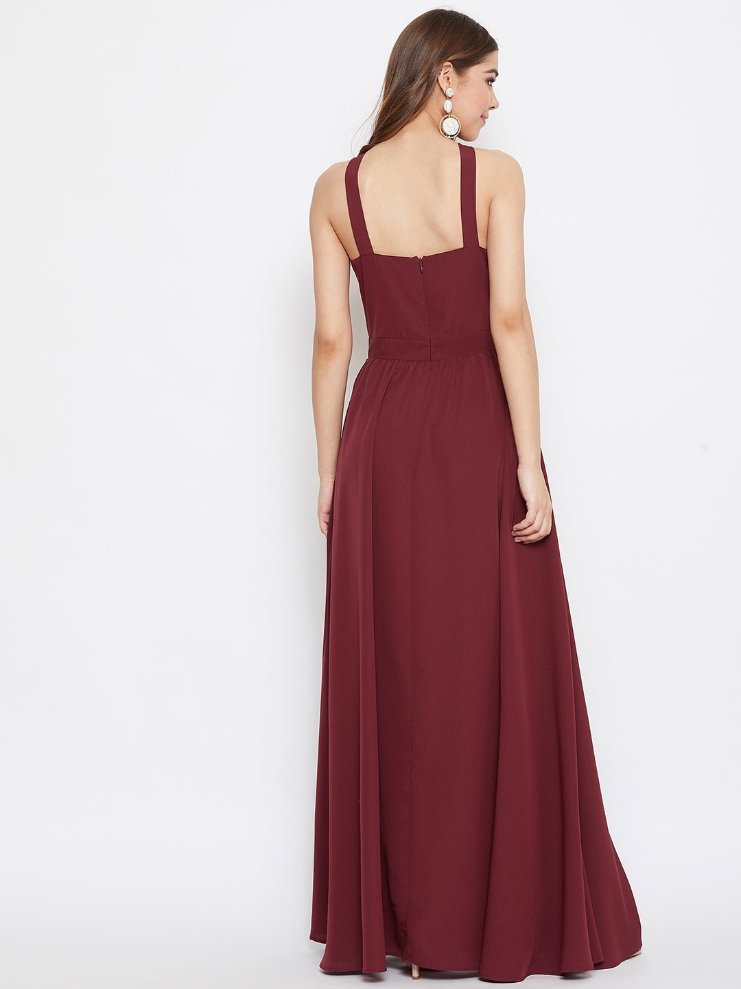 Folk Republic Women Solid Maroon Halter Neck Flared Maxi Dress - #folk republic#