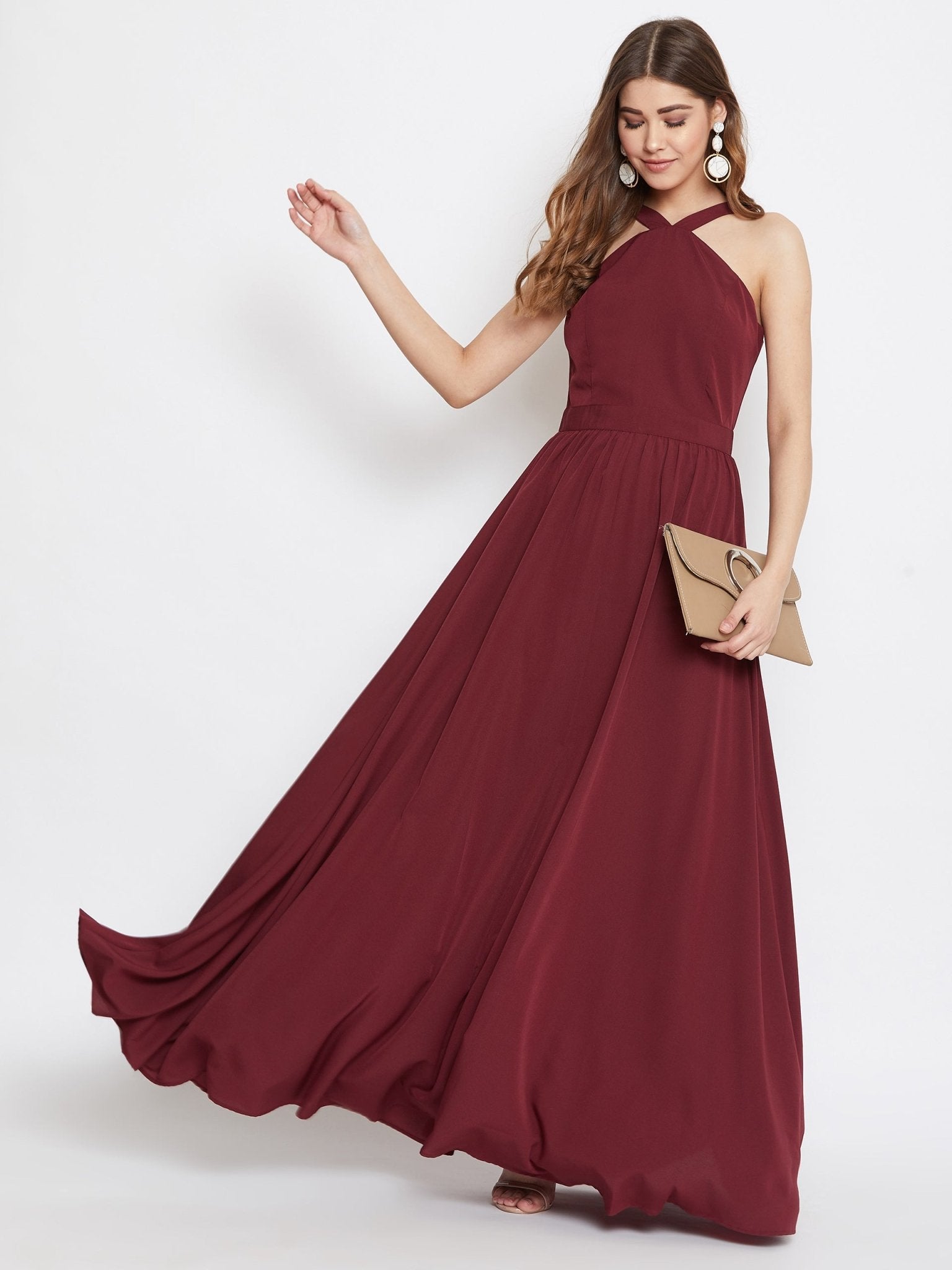 Folk Republic Women Solid Maroon Halter Neck Flared Maxi Dress - #folk republic#