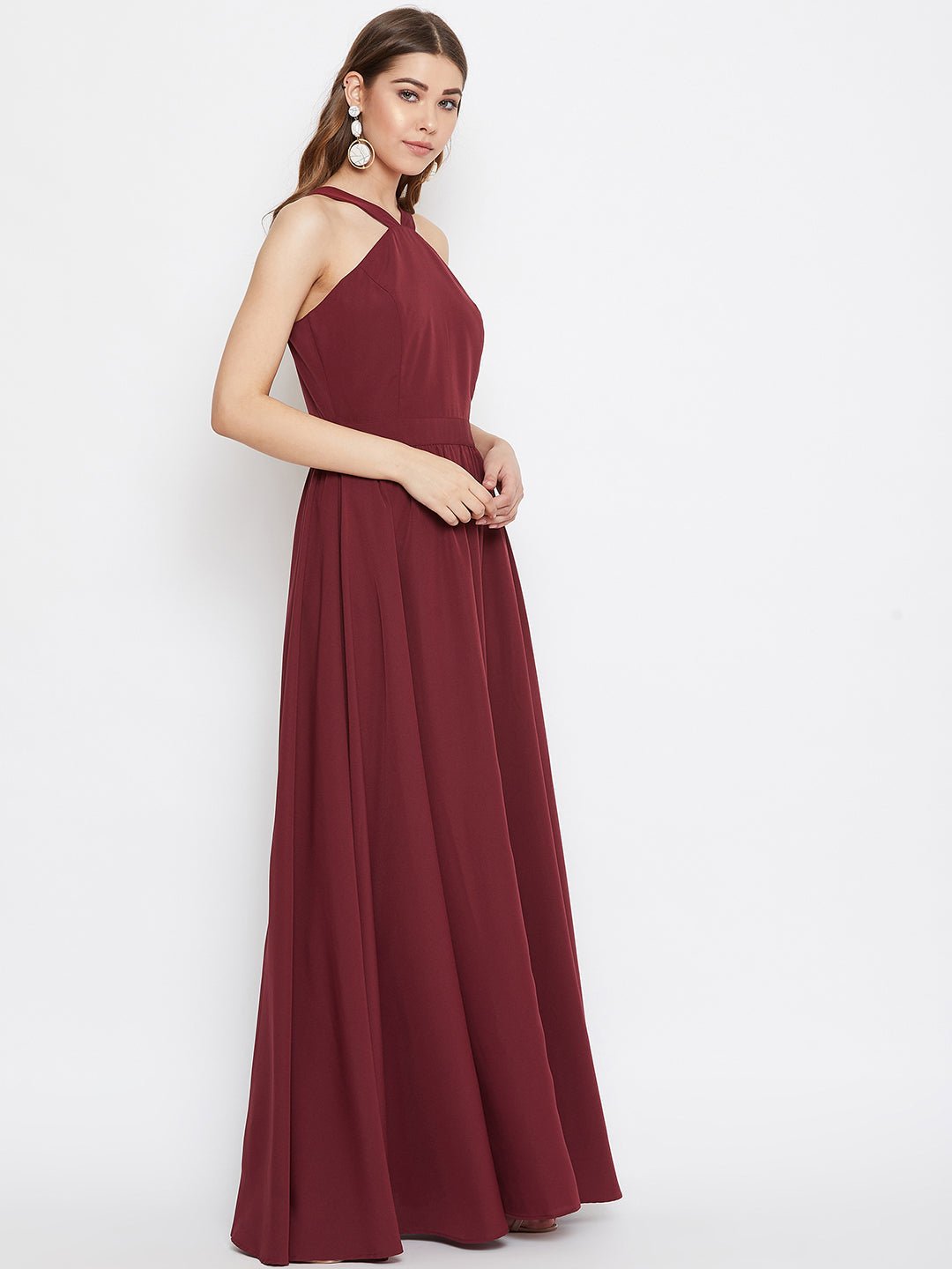 Folk Republic Women Solid Maroon Halter Neck Flared Maxi Dress - #folk republic#