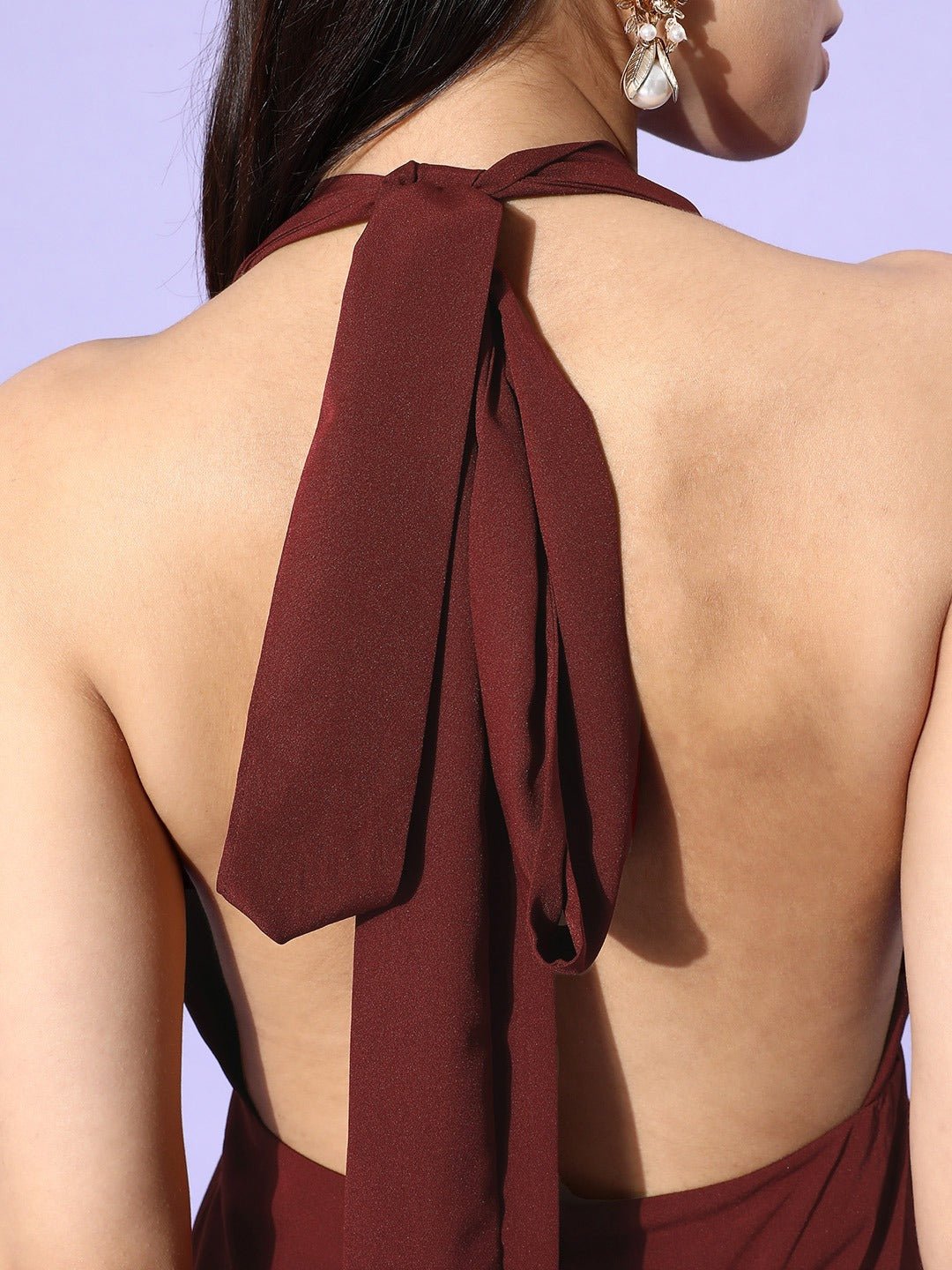 Folk Republic Women Solid Maroon Halter Neck Sleeveless Crepe Maxi Dress - #folk republic#