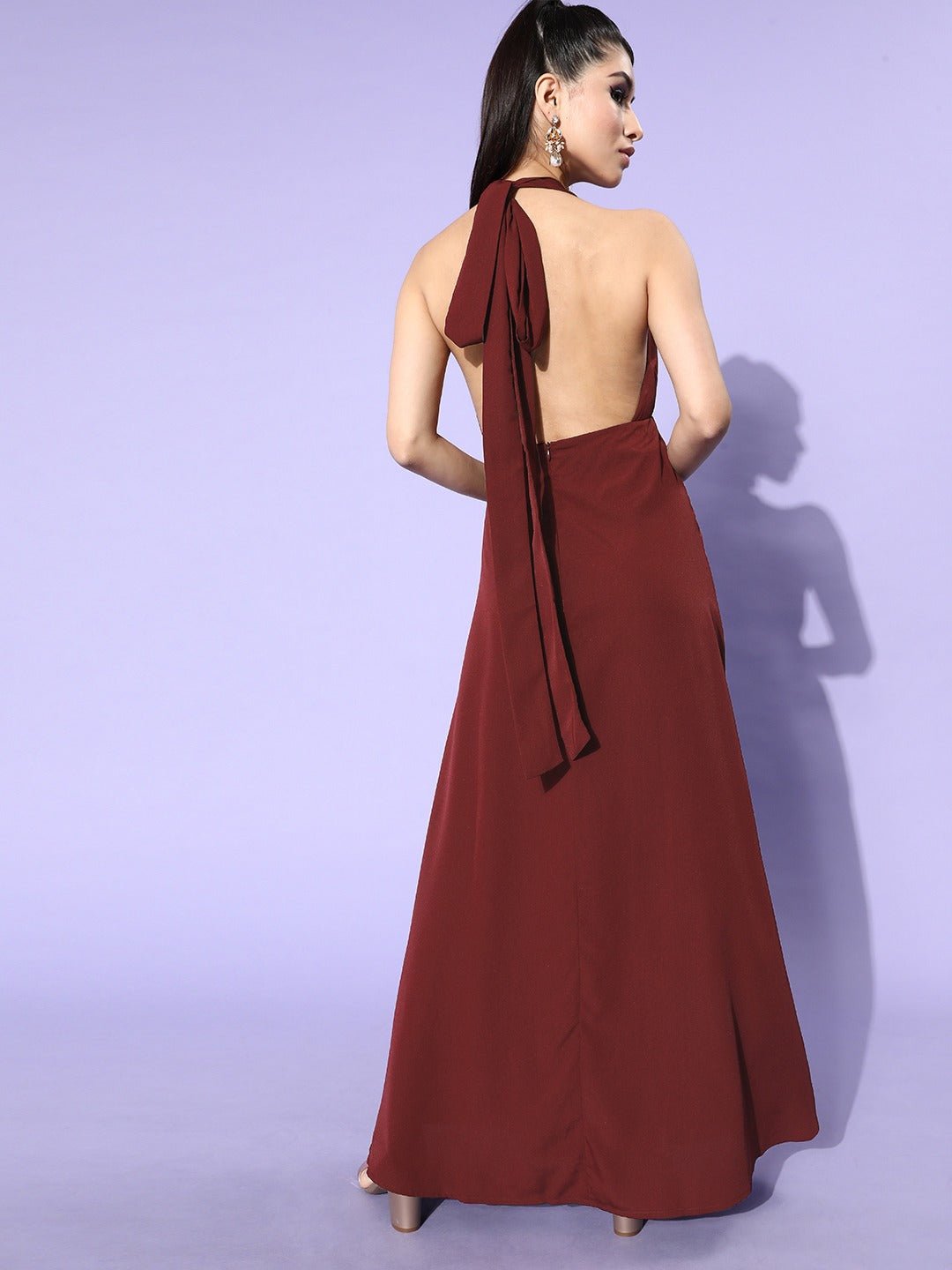 Folk Republic Women Solid Maroon Halter Neck Sleeveless Crepe Maxi Dress - #folk republic#