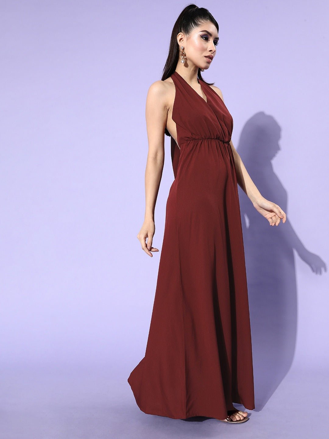 Folk Republic Women Solid Maroon Halter Neck Sleeveless Crepe Maxi Dress - #folk republic#