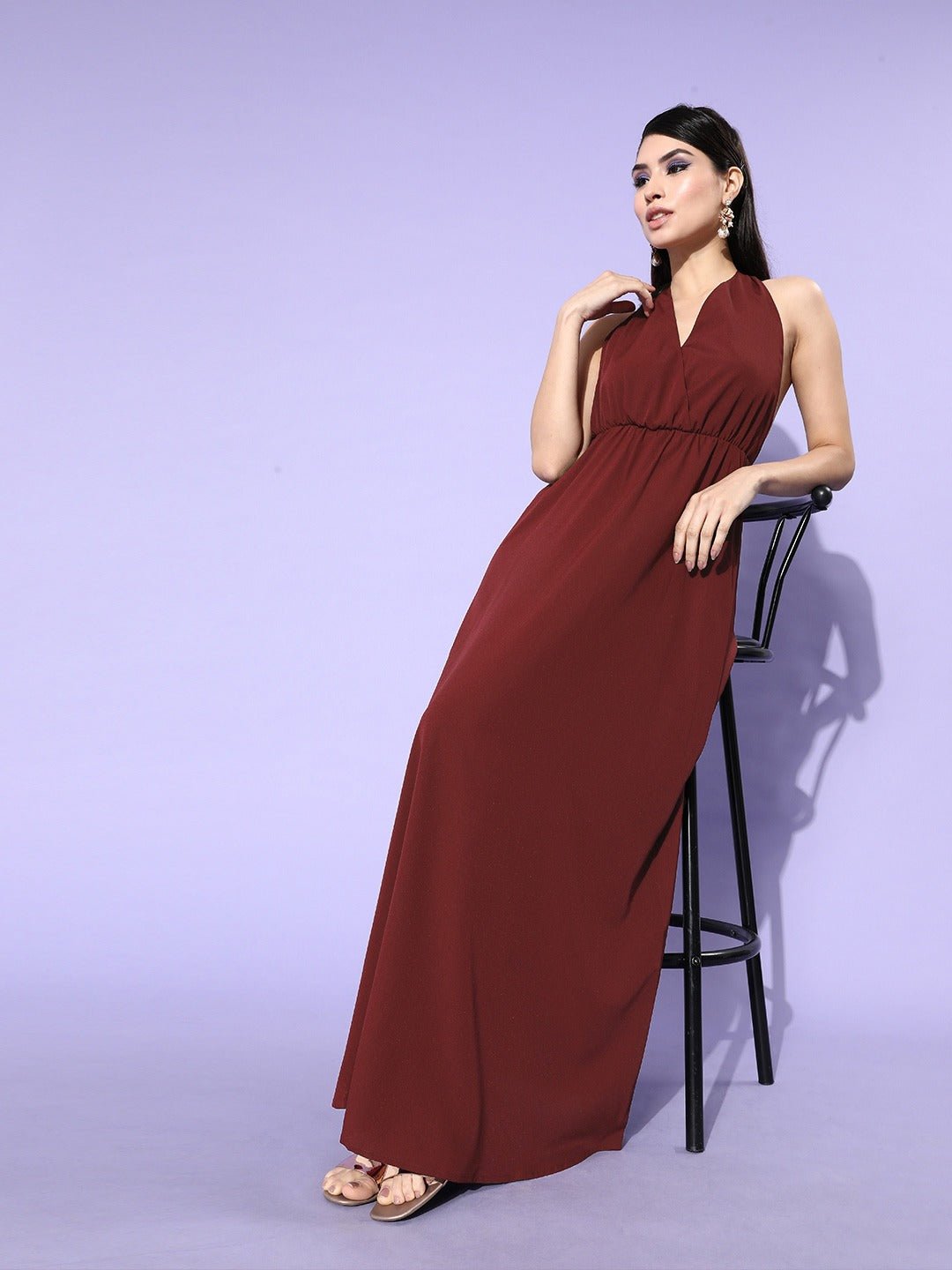 Folk Republic Women Solid Maroon Halter Neck Sleeveless Crepe Maxi Dress - #folk republic#