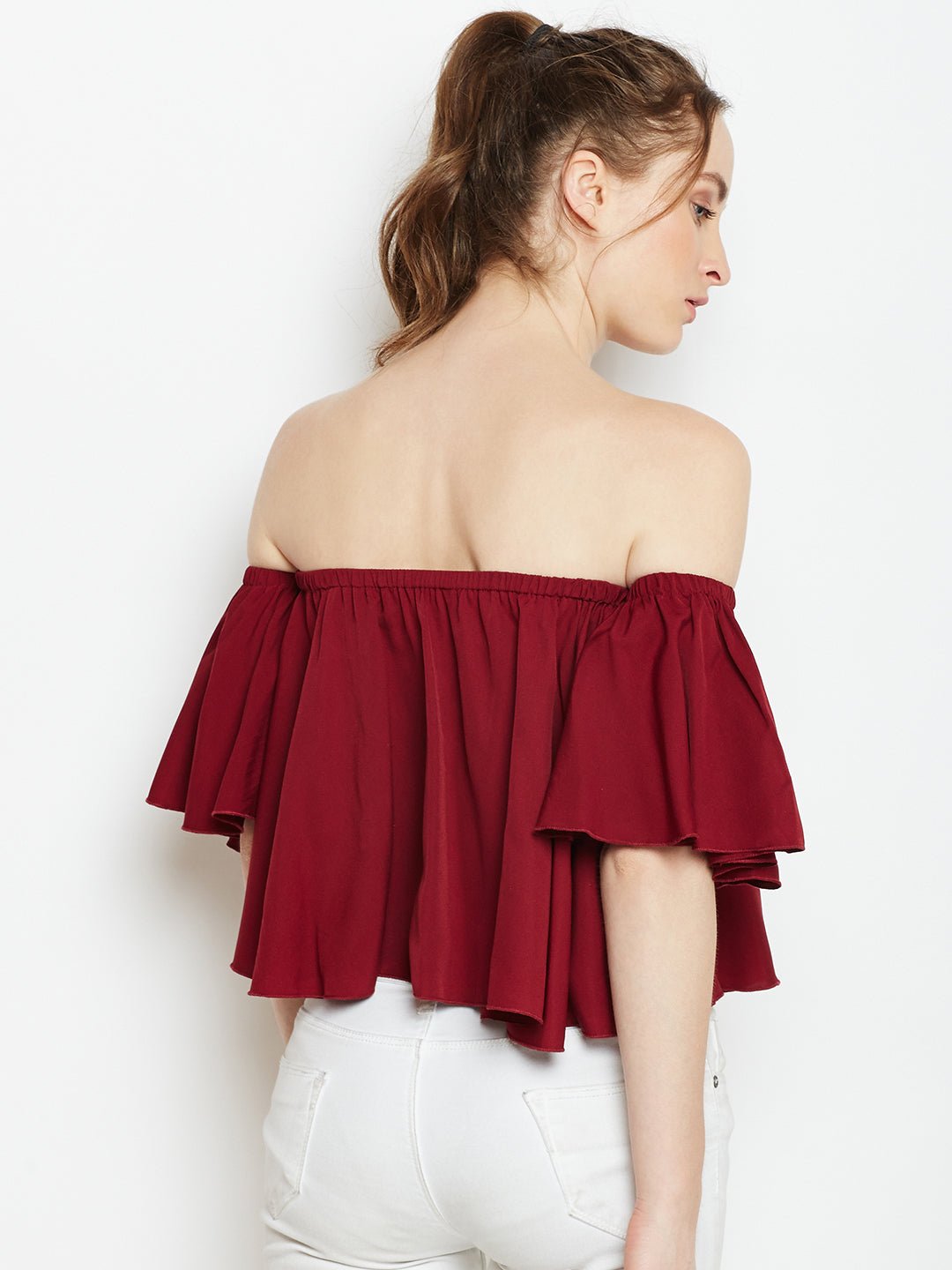 Folk Republic Women Solid Maroon Off-Shoulder Neck Ruffled Crop Bardot Top - #folk republic#