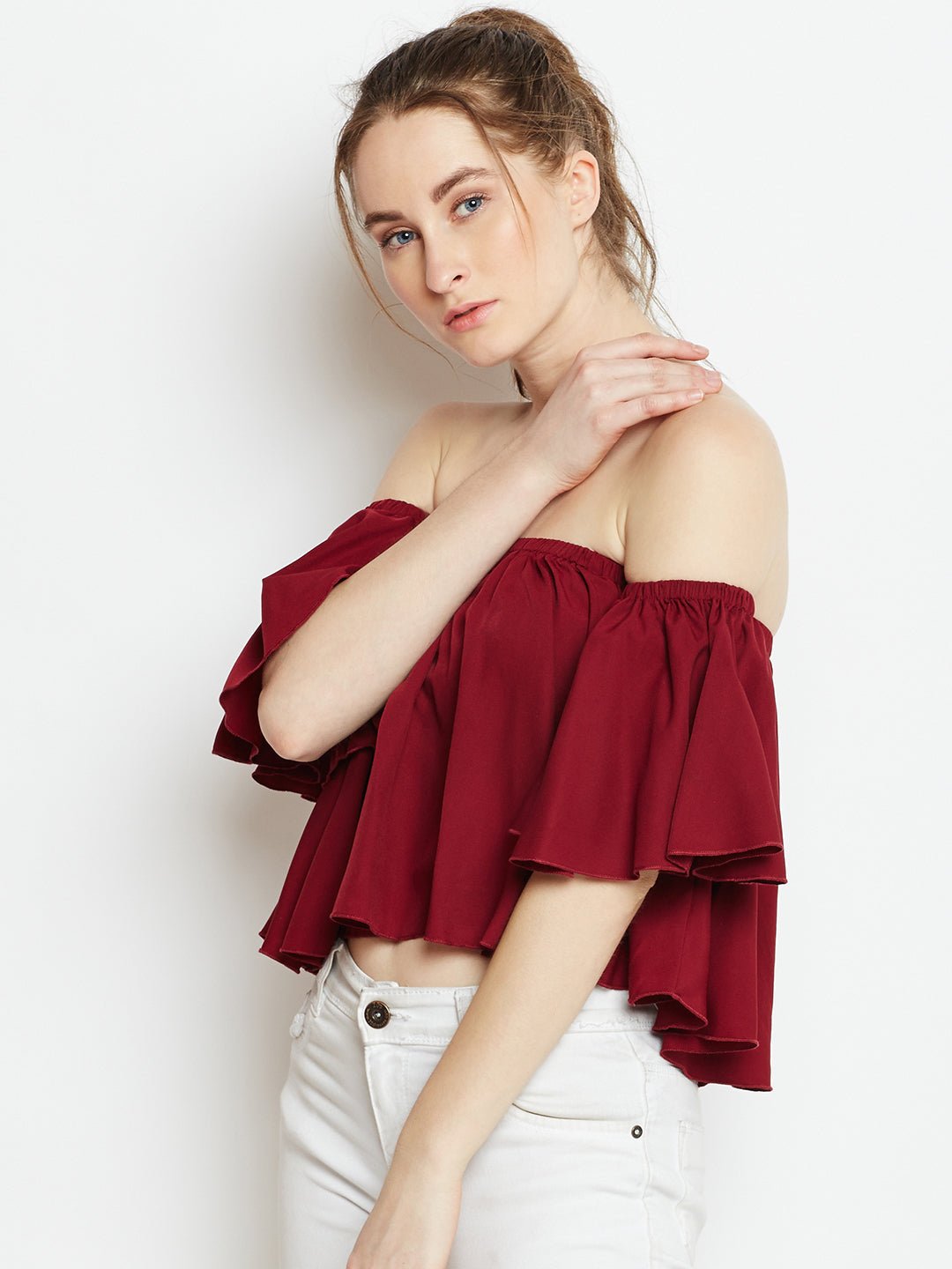 Folk Republic Women Solid Maroon Off-Shoulder Neck Ruffled Crop Bardot Top - #folk republic#