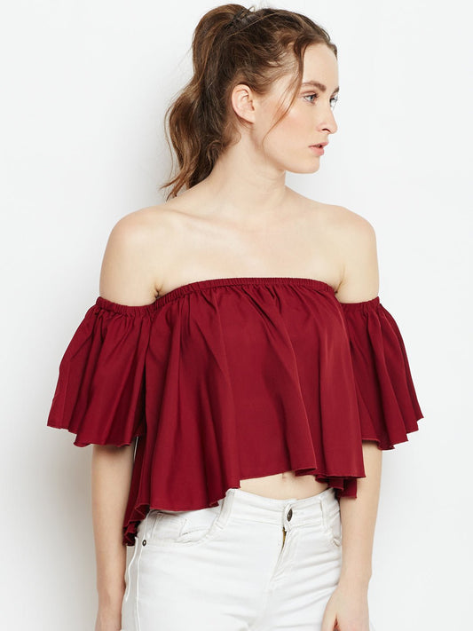 Folk Republic Women Solid Maroon Off-Shoulder Neck Ruffled Crop Bardot Top - #folk republic#