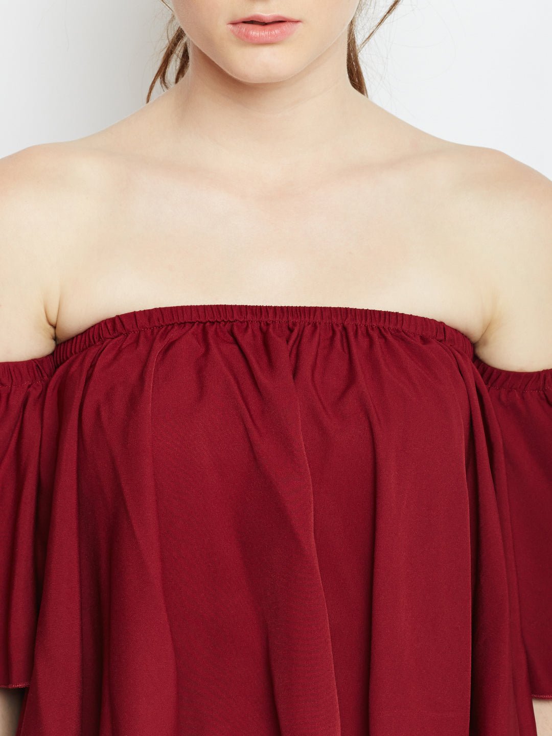 Folk Republic Women Solid Maroon Off-Shoulder Neck Ruffled Crop Bardot Top - #folk republic#